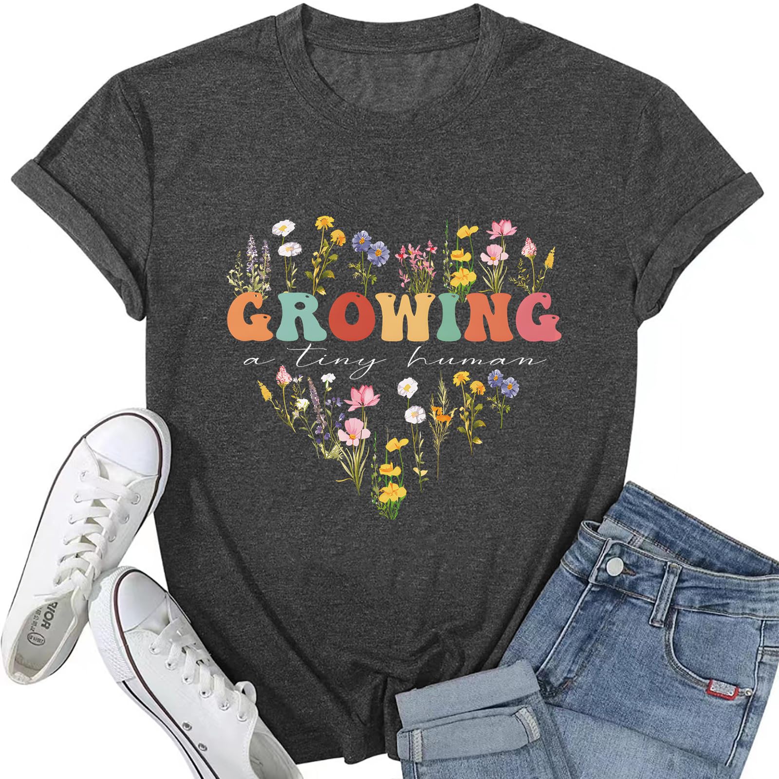 otistylWomen Pregnancy Announcement Shirts Maternity Shirt Growing A Tiny Human Floral Graphic Tee Gender Reveal Ideas