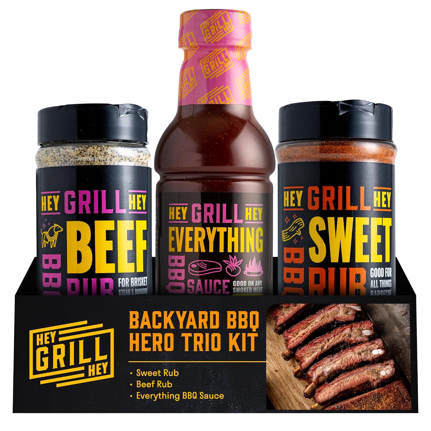 Hey Grill Hey | BBQ Seasoning and Barbeque Sauce Gift Set | Seasoning Set | Beef Rub, Sweet Rub, Everything Barbecue Sauce | Backyard BBQ Hero Trio