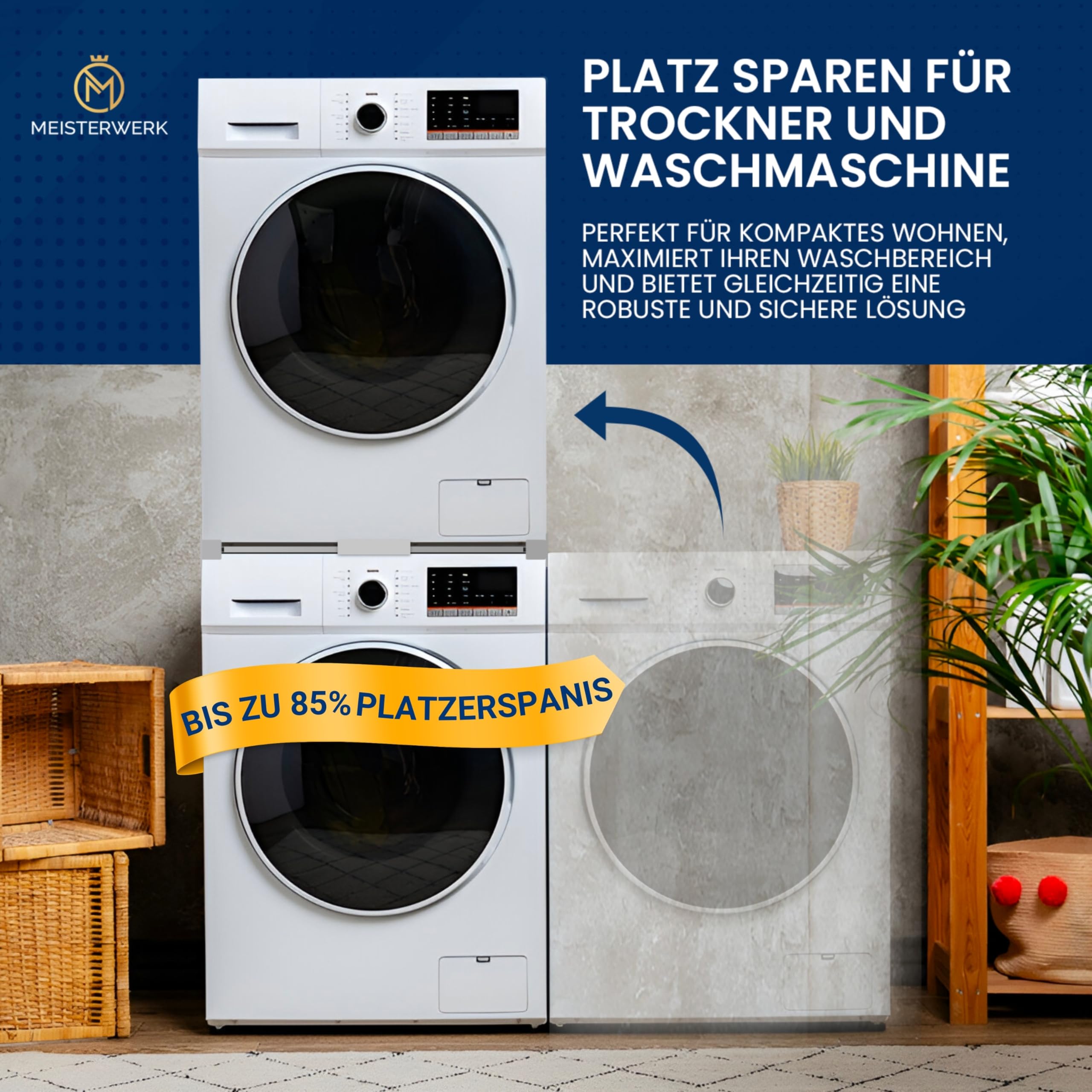 MEISTERWERK - Zwischenbaurahmen mit ausziehbarem Handtuchhalter - (EU ZERTIFIZIERT) Verbindungsrahmen für Waschmaschine & Trockner - Zwischenbausatz, Universell einstellbar