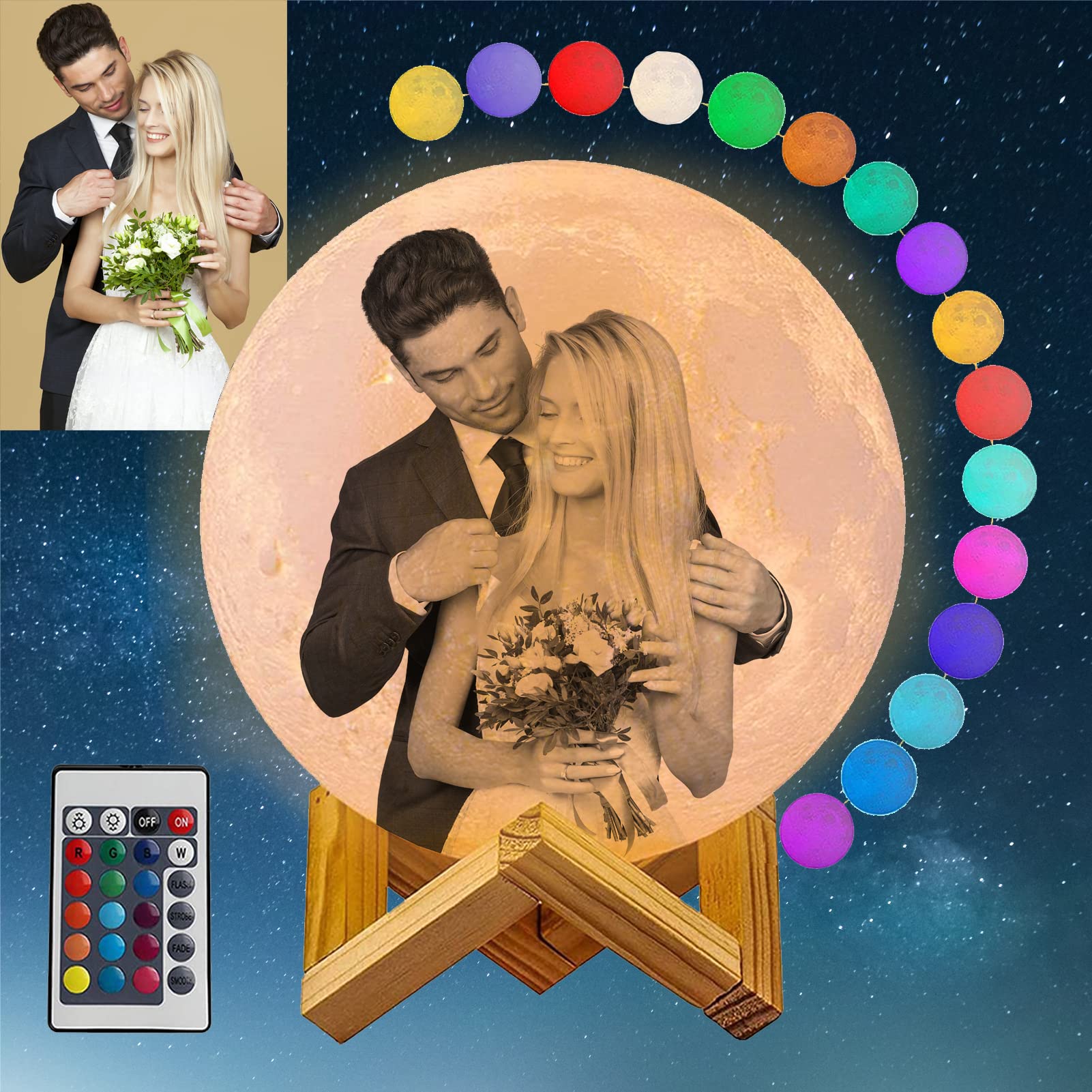 Foto-3D-Mondlampe Personalisierter Ständer, 16 Farben USB-Lademond-Nachtlicht mit Massivholzrahmen, Valentinstag, Geburtstag, Weihnachten, Hochzeitstag, Geschenk für Ehefrau-24CM