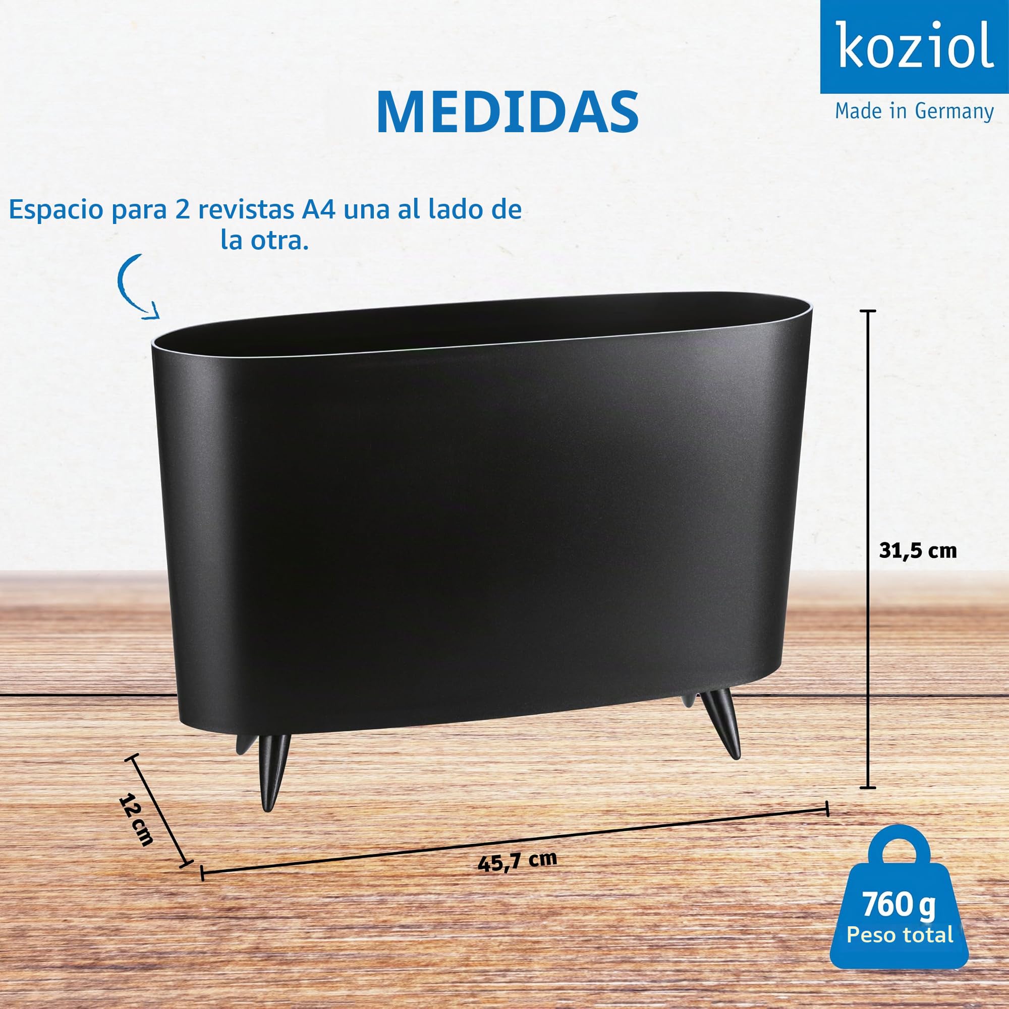 Koziol Milano Solid Revistero, plástico termoplástico, Negro Completo, 12 x 45.7 x 31.5 cm
