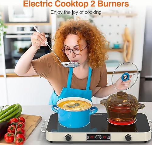 Miniatura 7 de GIHETKUT Cocina eléctrica, placa de inducción de 2200 W 110 V, 2 quemadores, estufa eléctrica con 2 asas, placa de cocción portátil 9 ajustes de
