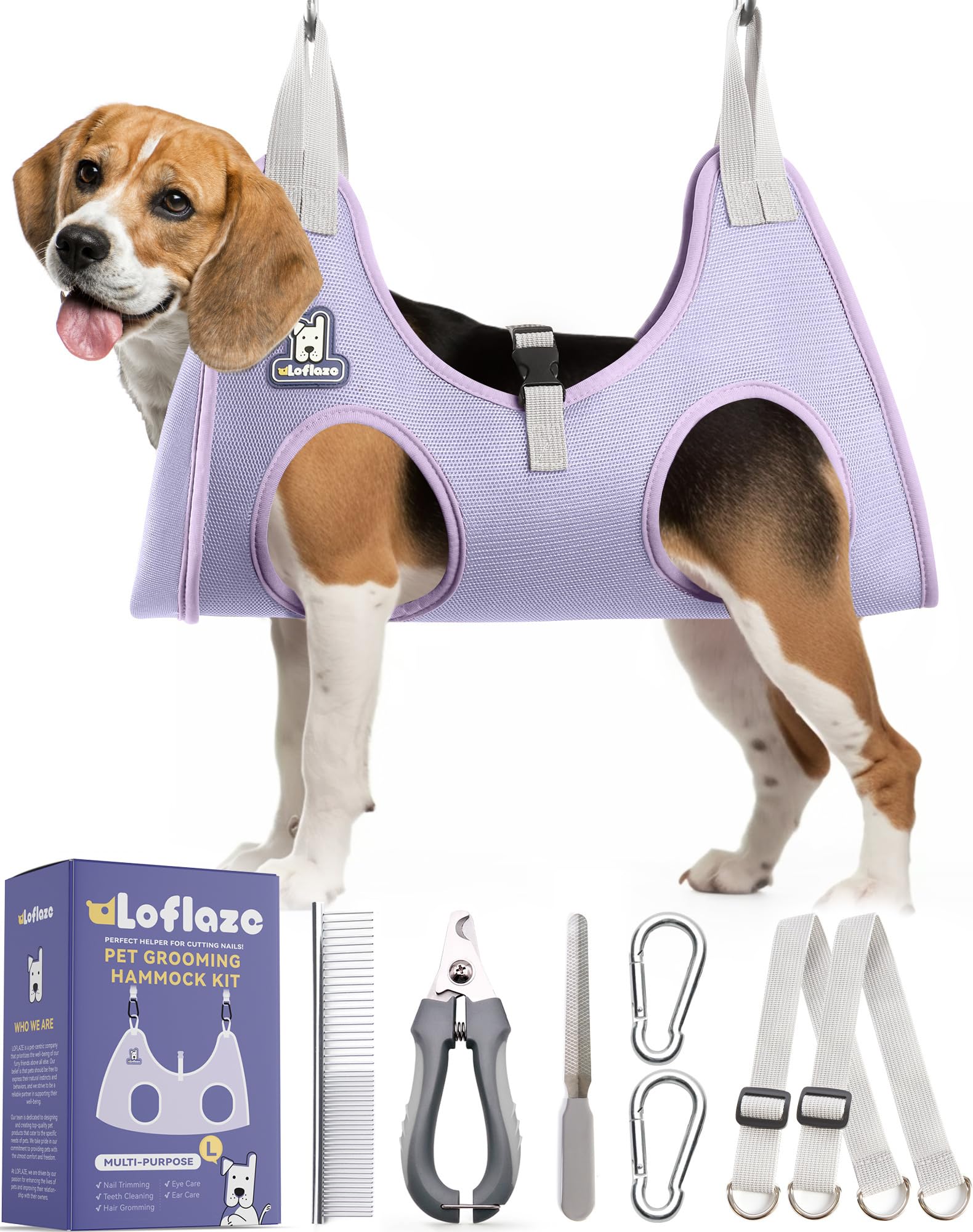 Loflaze Dog Grooming Hammock Harness for Dogs & Cats with Pet Nail Clipper Trimmer - Cat Hanger Sling for Trimming Clipping Nails- Dog Hammock Restraint Bag for Small Medium Large pet （ Purple L）