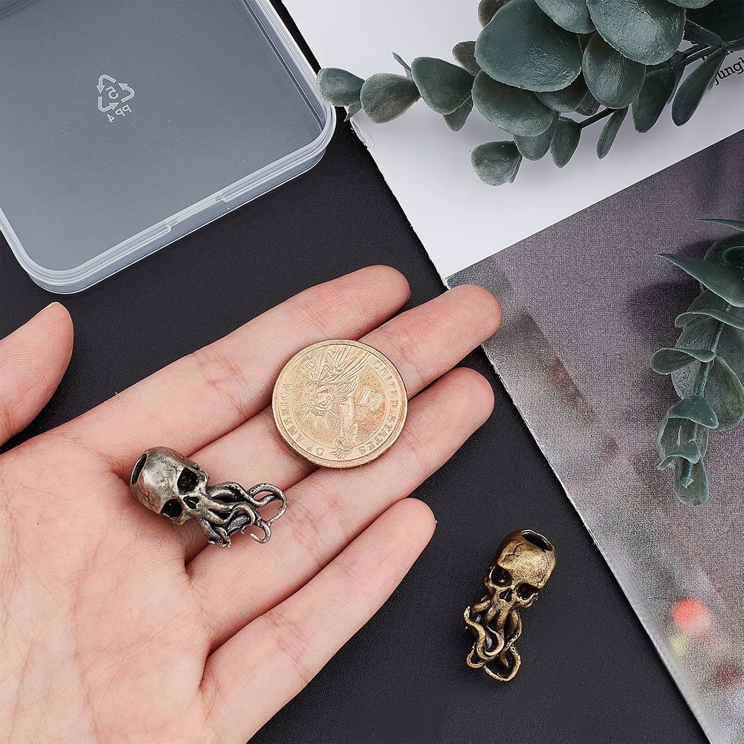 SUPERFINDINGS 2pcs 2 Colors Skull Knife Lanyard Bead Brass Rectangular Craft Bead 15mm x 28.5mm x 16.5mm, 6mm Hole, Bronze image 3
