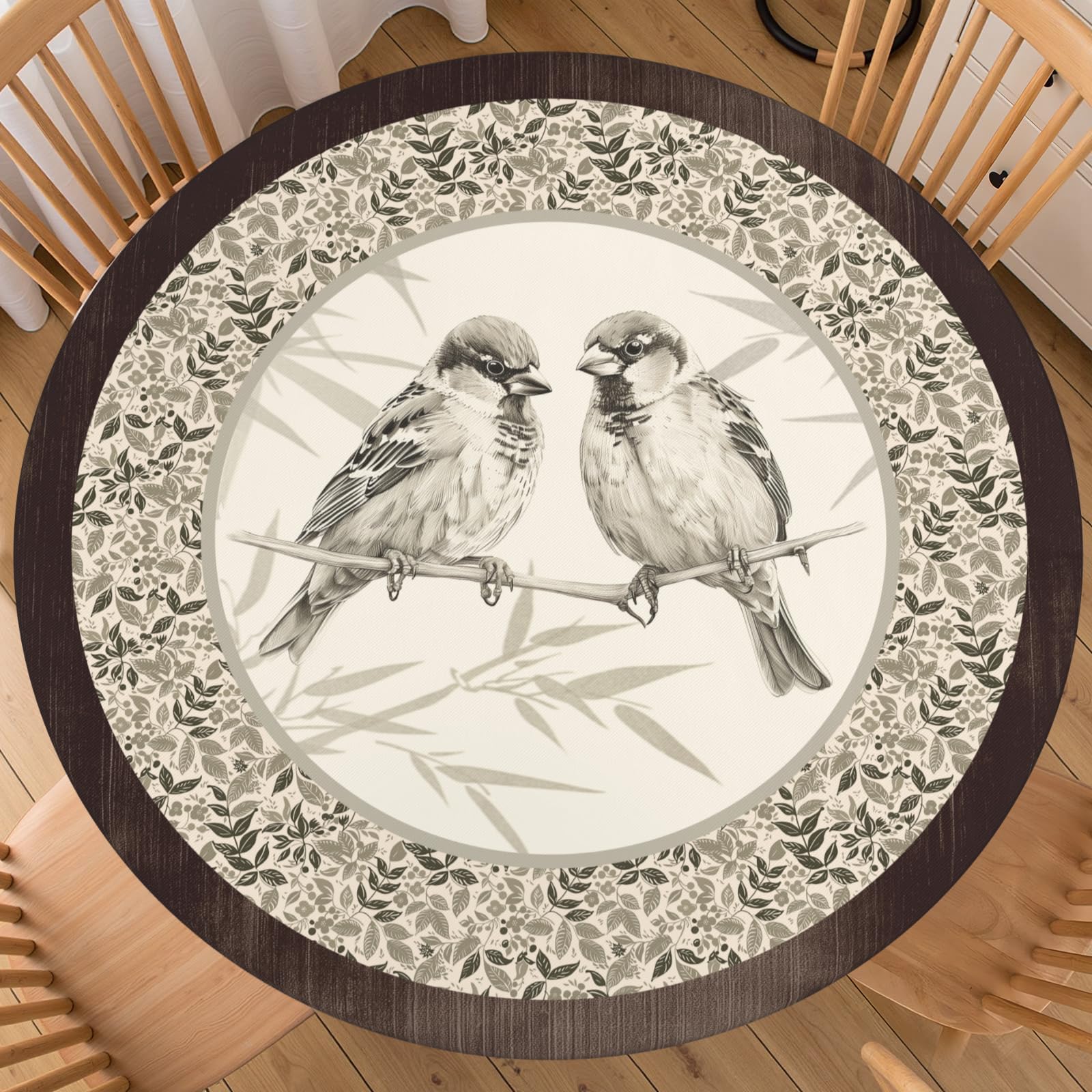 Spring Birds Round Tablecloth 40-44 inch, Fitted Table Cover Elastic Edge Vinyl Flannel Backing, Waterproof Polyester Bird Theme Wipeable Picnic Cloth, Washable Outdoor Camping Dining Table Decor