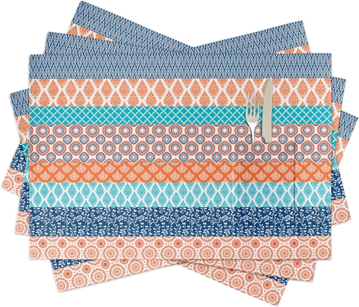 Placemats Set of 4 Boho Table Mat with Pockets Bohemian Geometric Stripes Blue