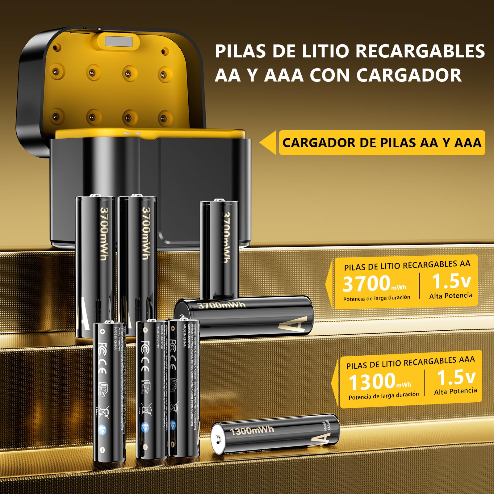 Kit de Pilas Recargables de Litio con Cargador (4 AA + 4 AAA) - Organizador de batería Alta Capacidad 3700 mWh - Hasta 2500 Ciclos de Vida - Incluye Cargador Rápido