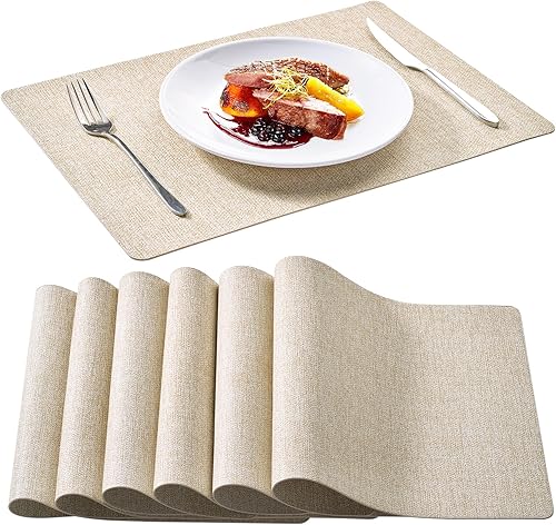 FOCUSLINE Juego de 6 manteles individuales de piel sintética, manteles individuales beige, impermeables y antideslizantes, para uso en interiores y