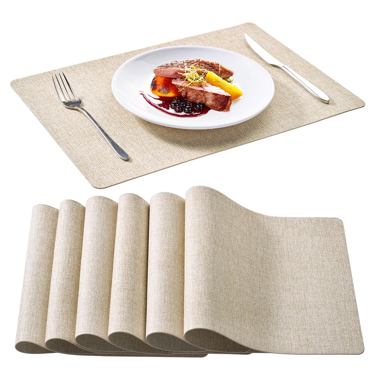 FOCUSLINE Faux Leather Placemats Set of 6, Beige Table Place Mats, Waterproof and Non-Slip Dining Table Mats for Indoor & Outdoor Use