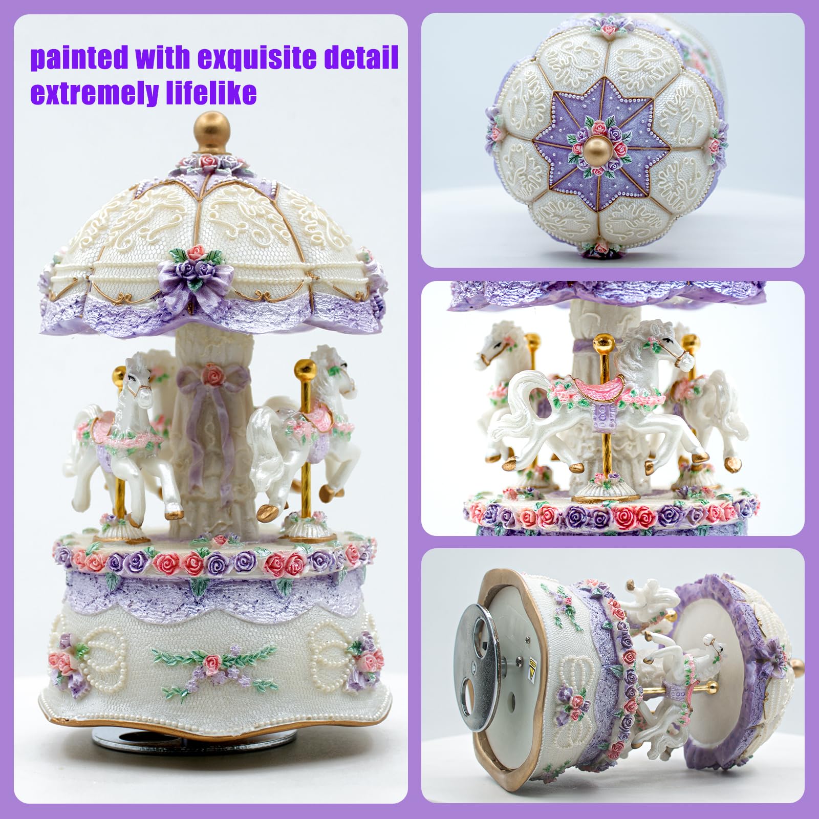 Carousel Music Box,Luce LED cambia colore di lusso,Luminoso rotante 3 cavalli | Carillon luminoso con scatola regalo, per ragazze, regalo di compleanno e San Valentino (You are My Sunshine, viola)