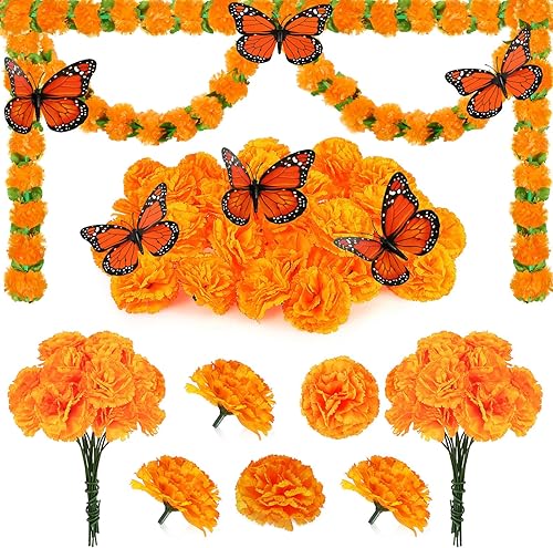 Miniatura 1 de Riceshoot Decoración del Día de los Muertos, 2 guirnaldas de caléndula de 4.9 pies con hojas verdes, 6 decoraciones artificiales de mariposa