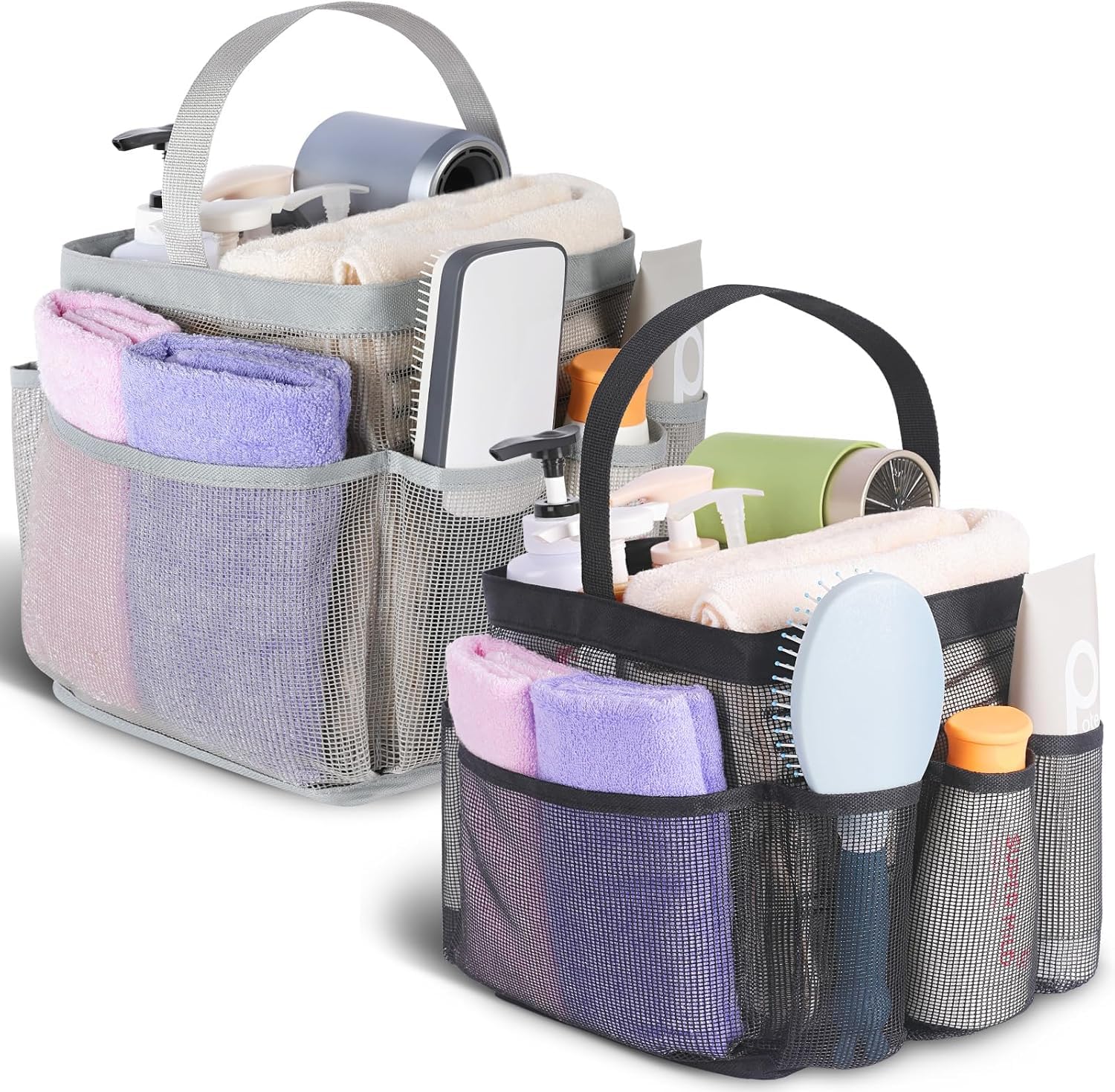 EUDELE 2 Pack Mesh Shower Caddy Portable for College Dorm Room Essentials, Shower Caddy Dorm with 9-Pocket Large Capacity,Shower Bag for Beach,Swimming,Gym All Black+All Grey