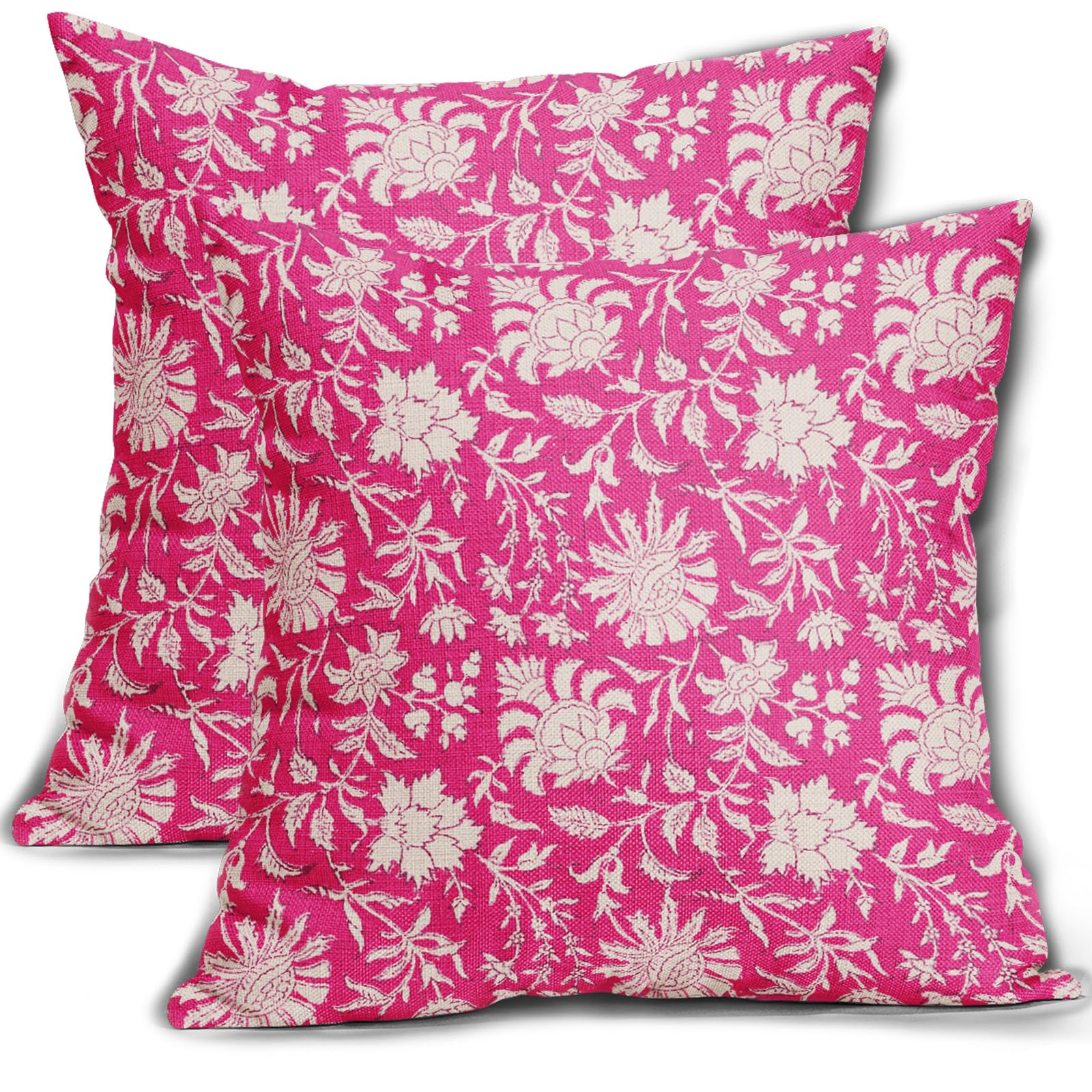 Sweetshow Hot Pink Floral Pillow Covers 18x18 Set of 2 Cream Vintage Flower Block Print Pattern Decorative Throw Pillows Farmhouse Outdoor Rustic