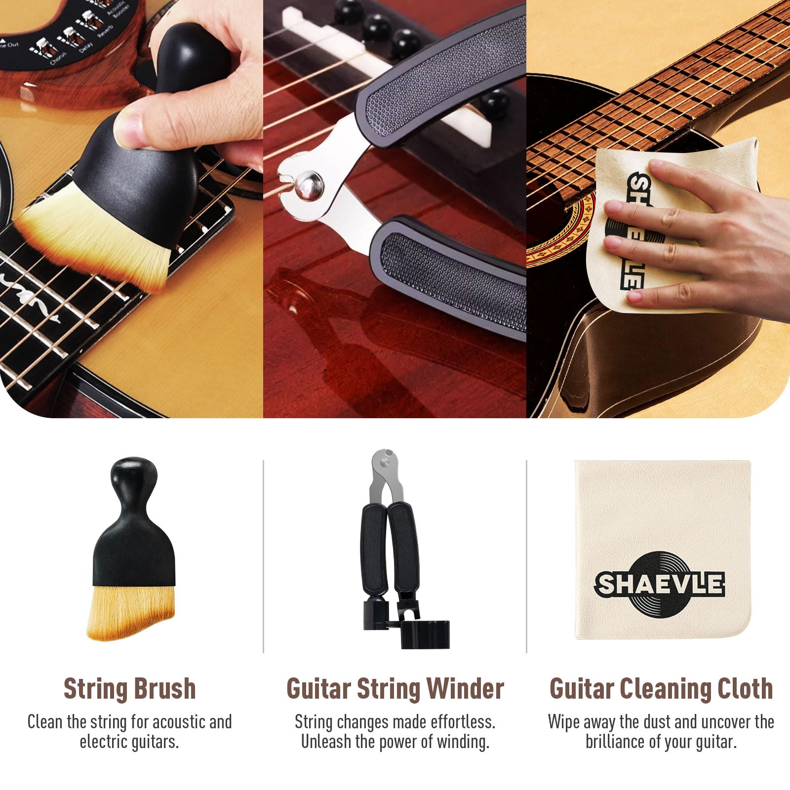 Zestaw do czyszczenia gitary akustycznej: Orange Polish Oil, Fingerboard Lemon Oil, String Cleaner, Guitar String Winder, String Brush, Cleaning Cloth&String Cleaner Cloth