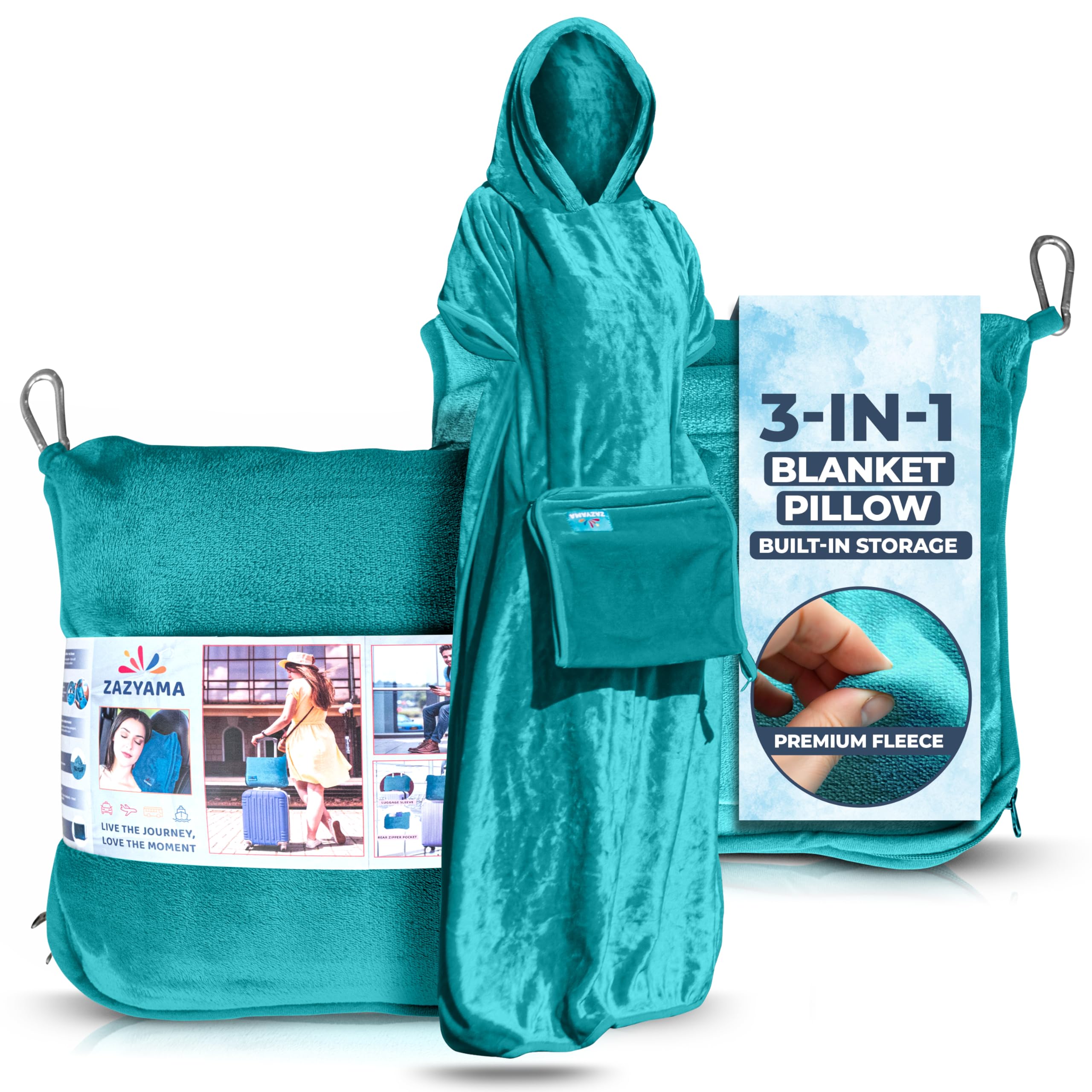 ZAZYAMA 3-in-1 Travel Blanket Airplane – Compact with Bag & Pillow Combo Set, Ultra-Soft Fleece | Packable Blanket Compact | Hidden Pocket | Trolley