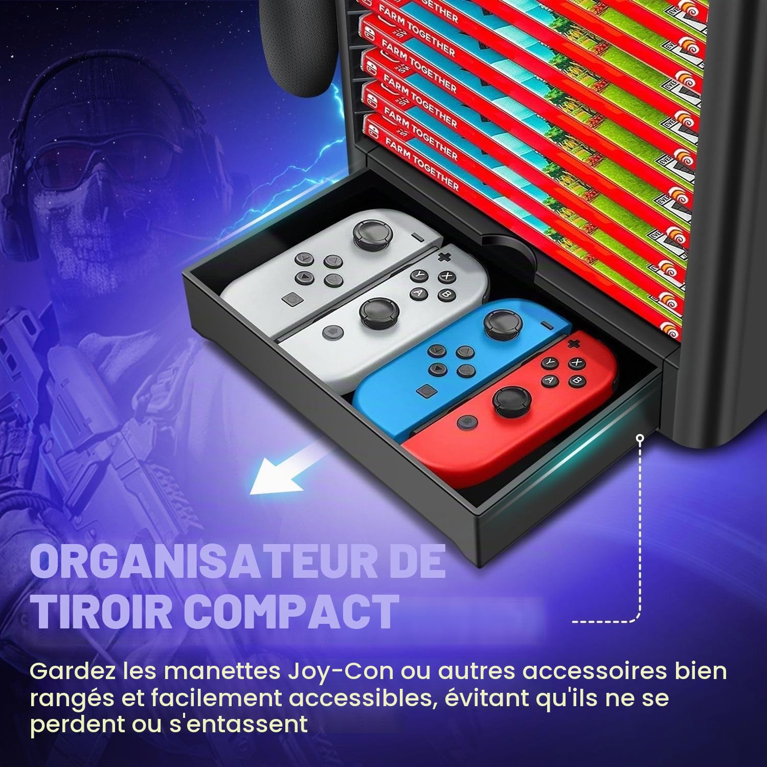 TNP Station de rangement pour Nintendo Switch OLED avec support de station d'accueil, étagère verticale pour 10 boîtiers de jeu, 4 contrôleurs, tiroir Joy-Con, noir