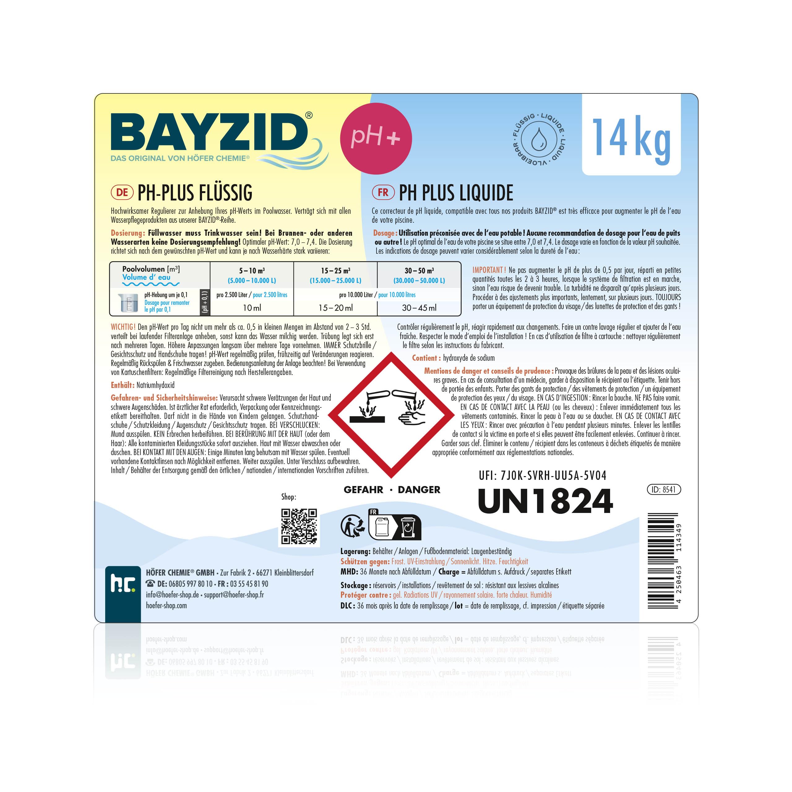Bayzid pH Plus Liquide 2 x 14 kg - Augmenteur de pH pour Piscine | Compatible Tous Traitements - Qualité Pure et Stable - Remonte le pH en Douceur - Protège les Équipements