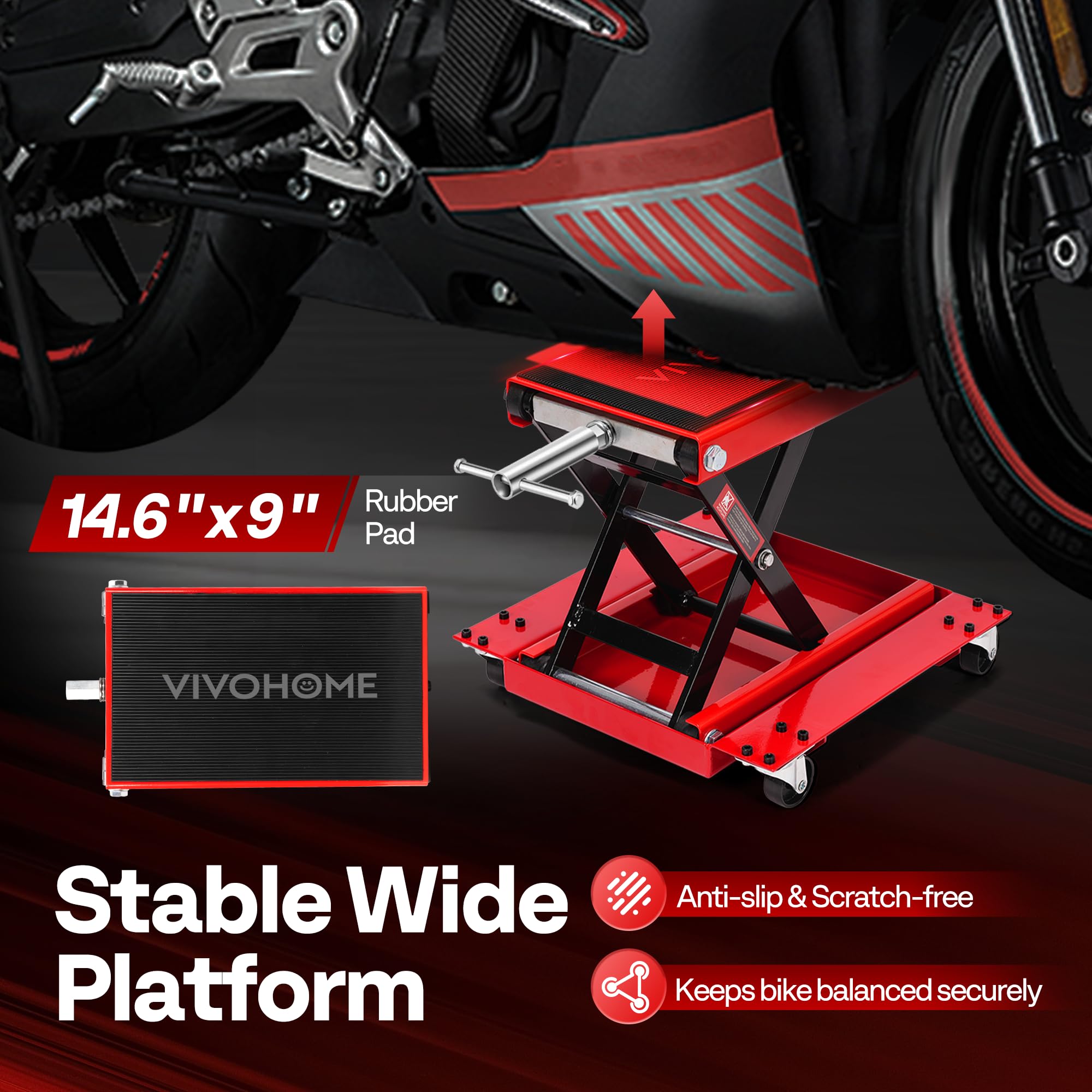 VIVOHOME Podnośnik Motocyklowy z Szerokim Pokładem Stalowym 500kg Podnośnik Nożycowy ATV z Wózkiem i Ręczną Korbą Stojak do Naprawy Rowerów Czerwony | Szeroka gumowa podkładka stalowa wózek na kółkach idealny do motocykli, ATV, UTV i napraw warsztatowych,