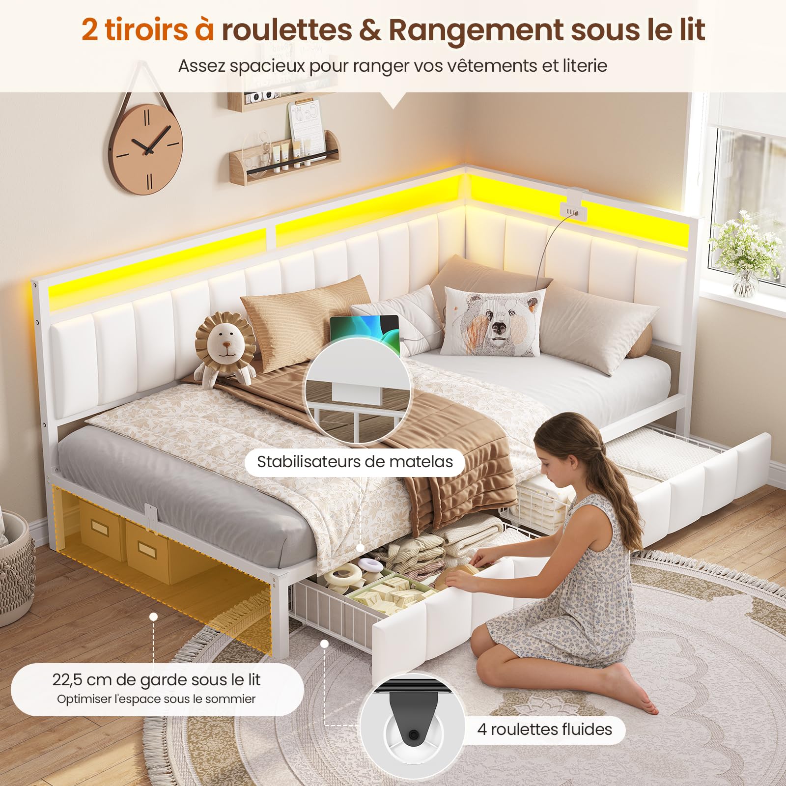 DICTAC Canapé lit 90x190 avec éclairage LED et Prise USB,Cadre de Lits 90x190 avec Sommier à Lattes en métal,Lit Banquette Lits Coffre avec 2 tiroir de Rangement pour Studio/Chambre,Beige-sans Matela