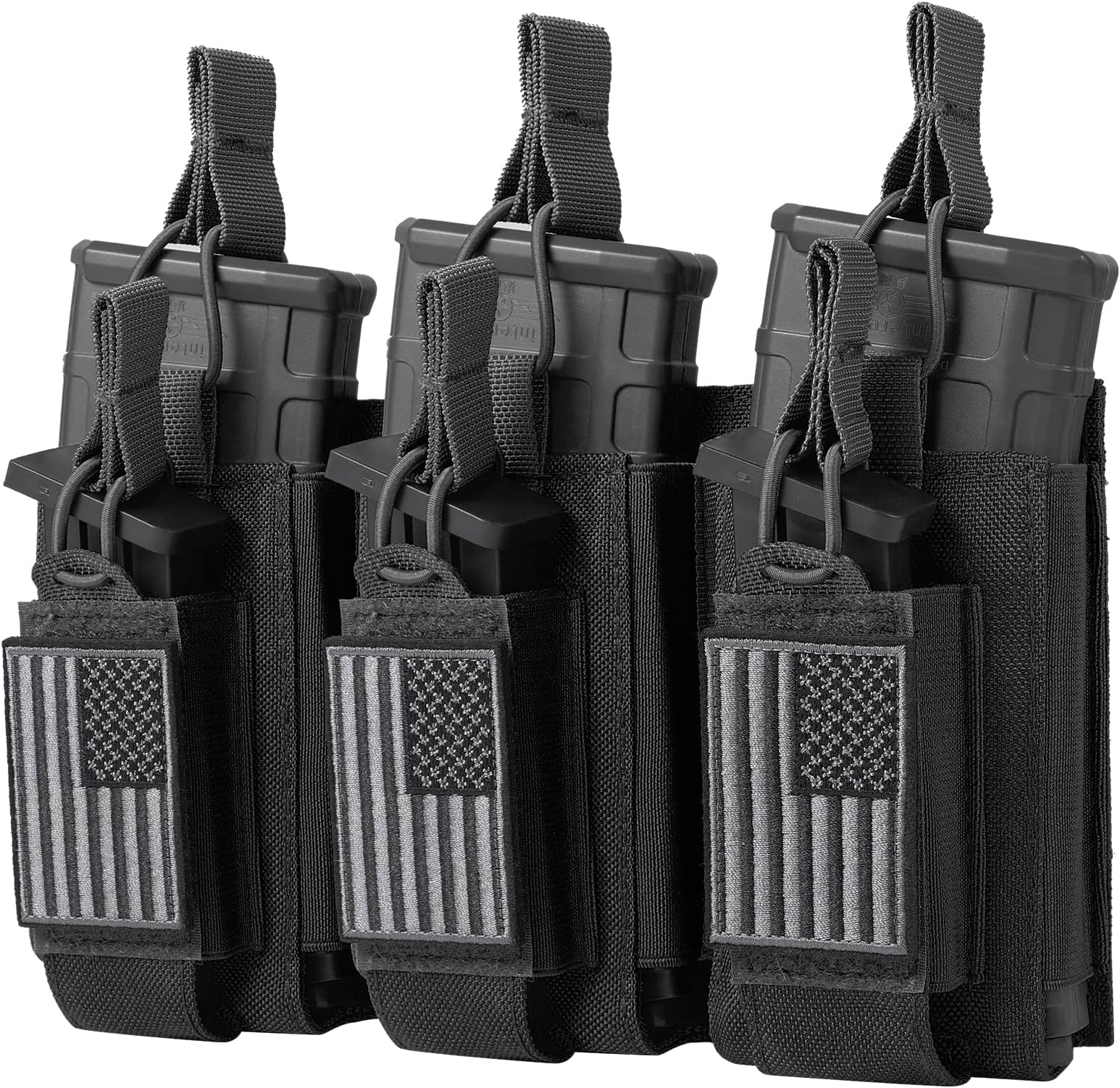 Open-Top Single/Double/Triple Molle Mag Pouch for 5.56mm M4 M16 AK AR Glock M1911 9mm Elastic Rifle Magazines Pistol Mag Pouches Holder Carrier with USA Flag Patch