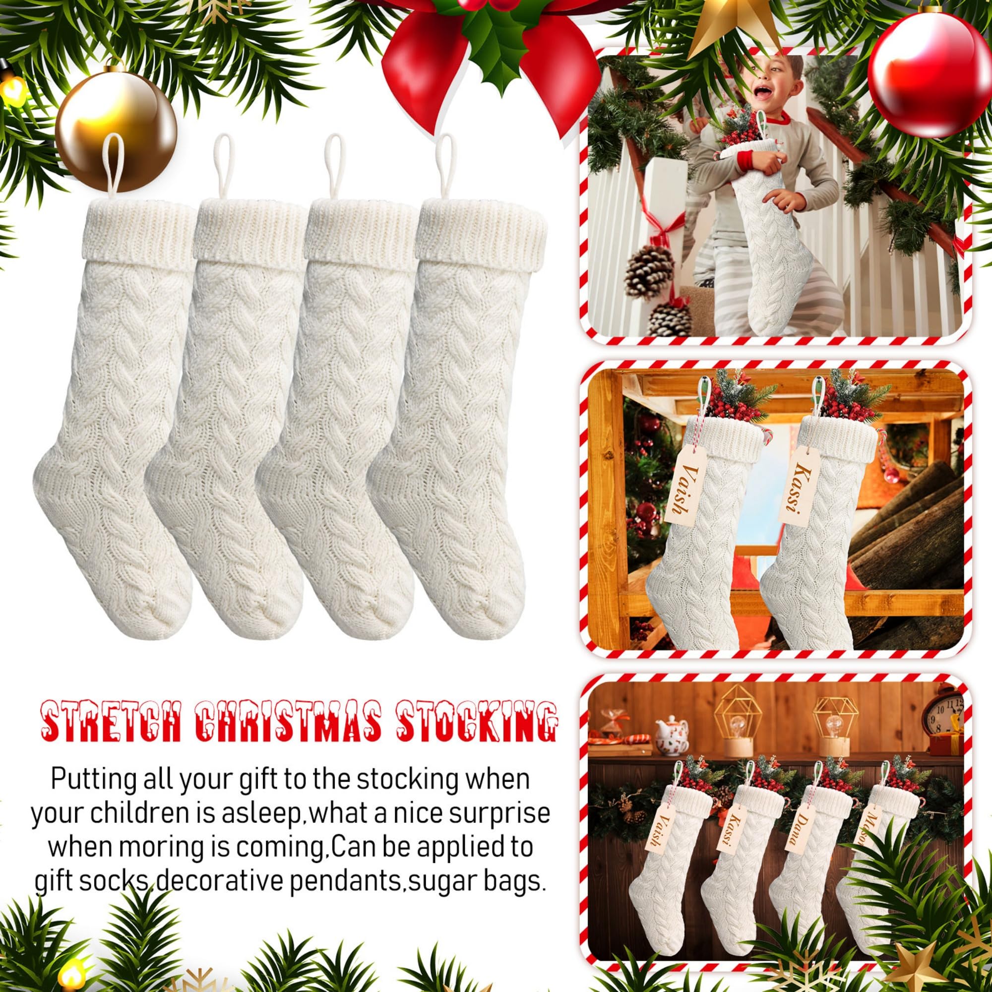 Weihnachtsstrumpf Gestrickter Strumpf Zopfstrick Weihnachtsstrumpf und Holzanhänger Kleine Holzstücke Blank mit Seil für Familie Urlaub Dekor (Weiß, 12 Stück)