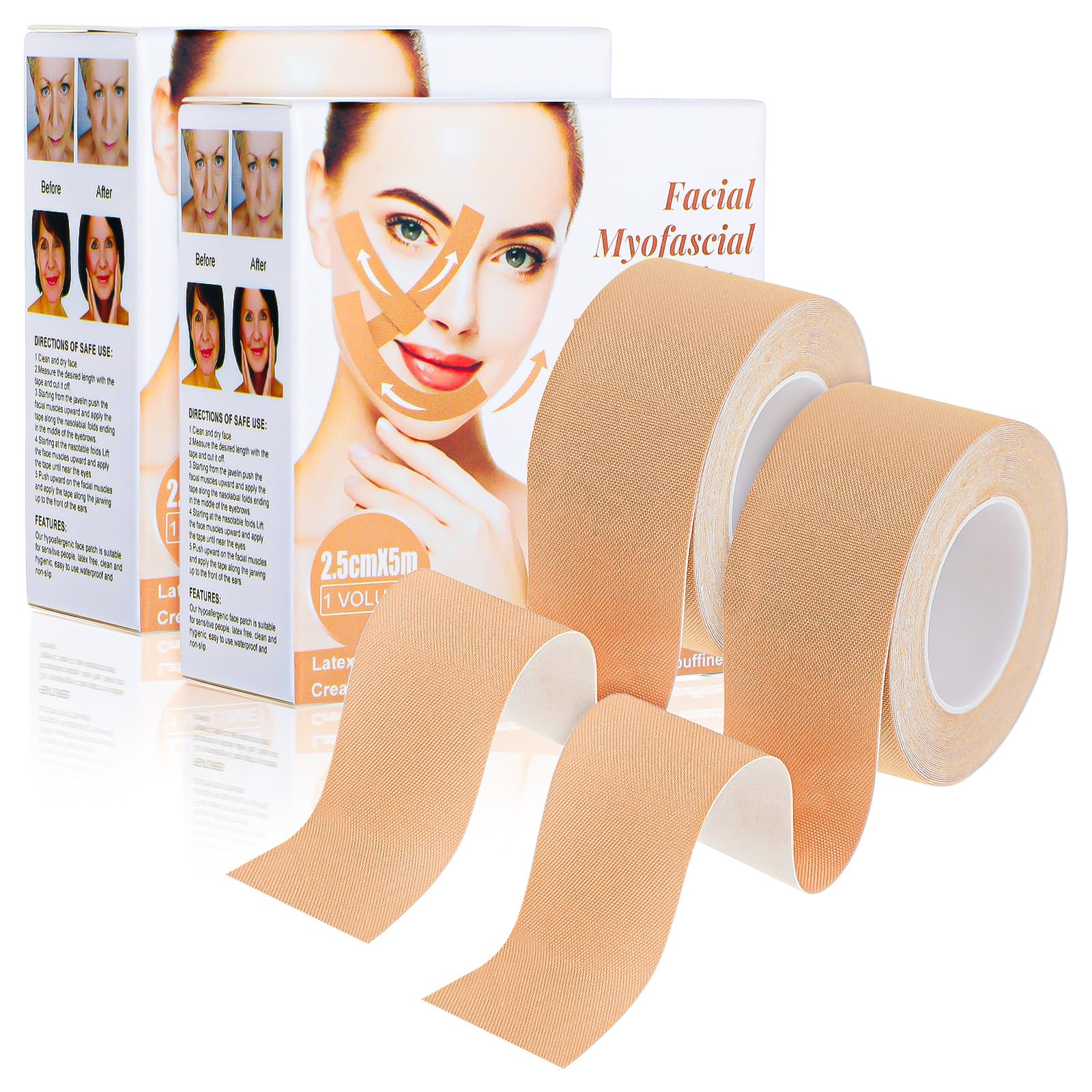 Anti-Wrinkle Face Tape, Facial Myofascial Lift Tape for Firming, Toning & Tightening, Face Lift Tape for Wrinkles Overnight, Face Taping for Wrinkles, Kinesiology Tape for Face, 2 Rolls, Beige, 2.5cm