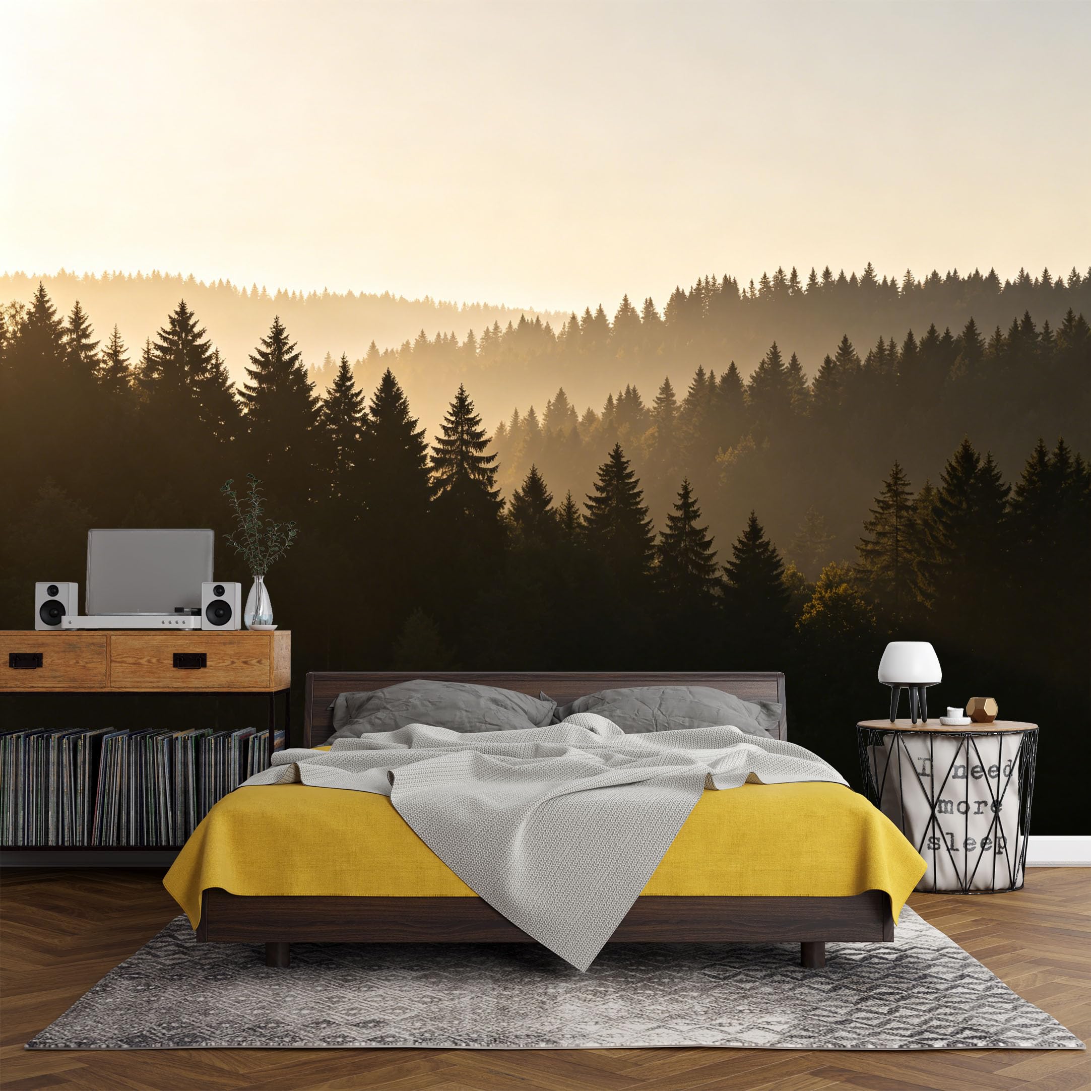 Custom Size Wall Mural， Forest Pine Sunset Mist Landscape Woodland View，SelfAdhesive Art Prints wall Fabric (No PVC) Removable Wallpaper Living Room Decor
