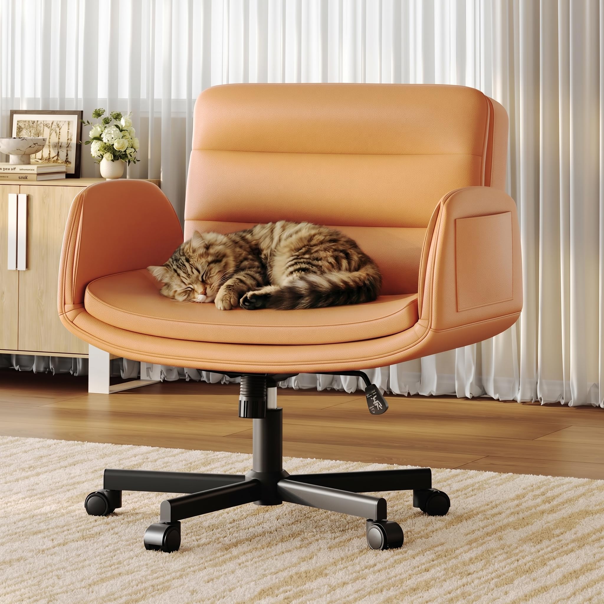Photo 1 of Criss Cross Chair with Flip-Up Arms & Swivel Wheels, Vanity Chair with Adjustable Height & Side Pockets, Comfortable Wide Seat Reclining Computer Office Desk Chairs for Home Office, Make Up, Bed Room