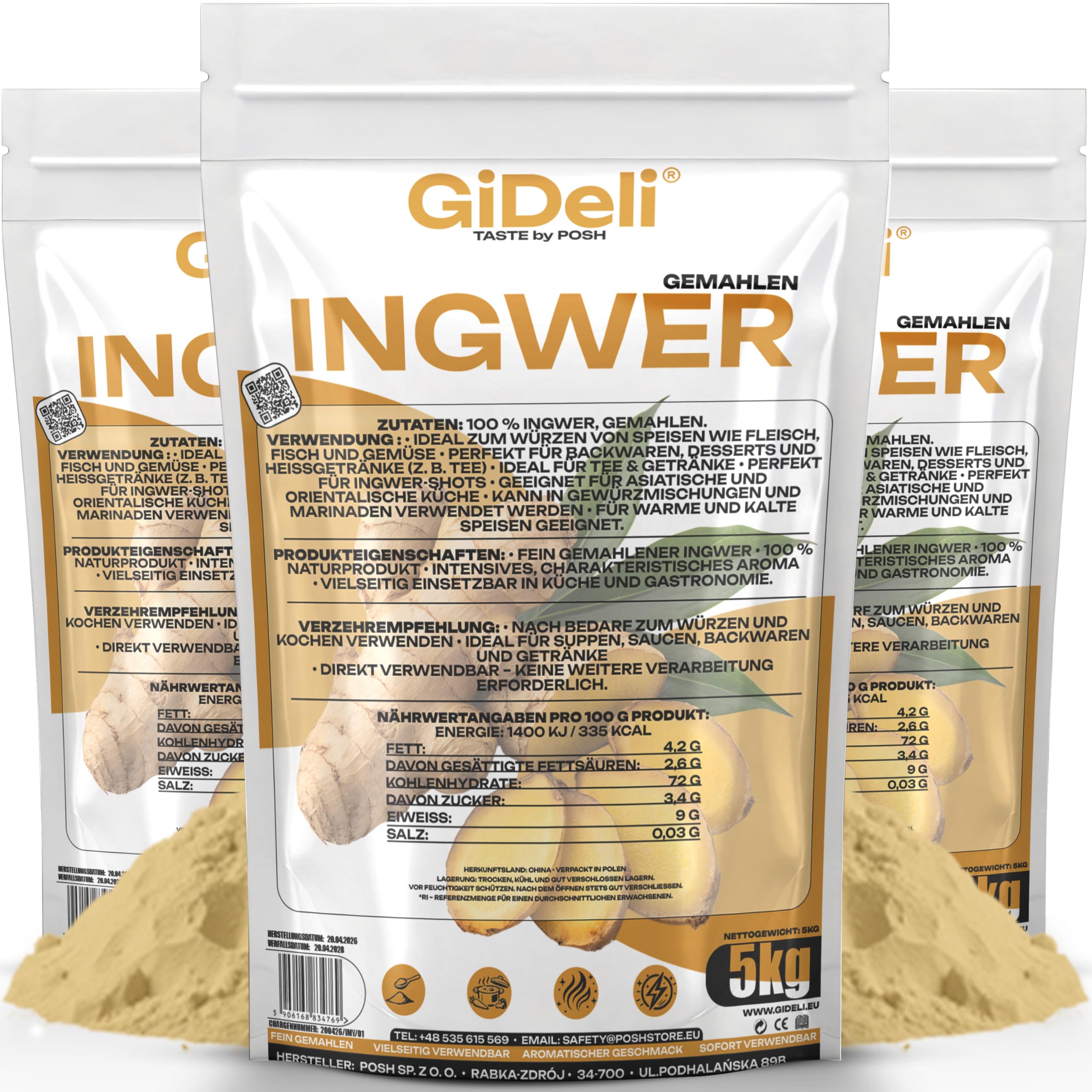 GiDeli Ingwerpulver 3x5kg - Naturrein Ohne Künstliche Zusätze - Fein Gemahlen für Tee - Ingwer Shots - Smoothies und Asiatische Gerichte - Schonend Verarbeitet - Vegan