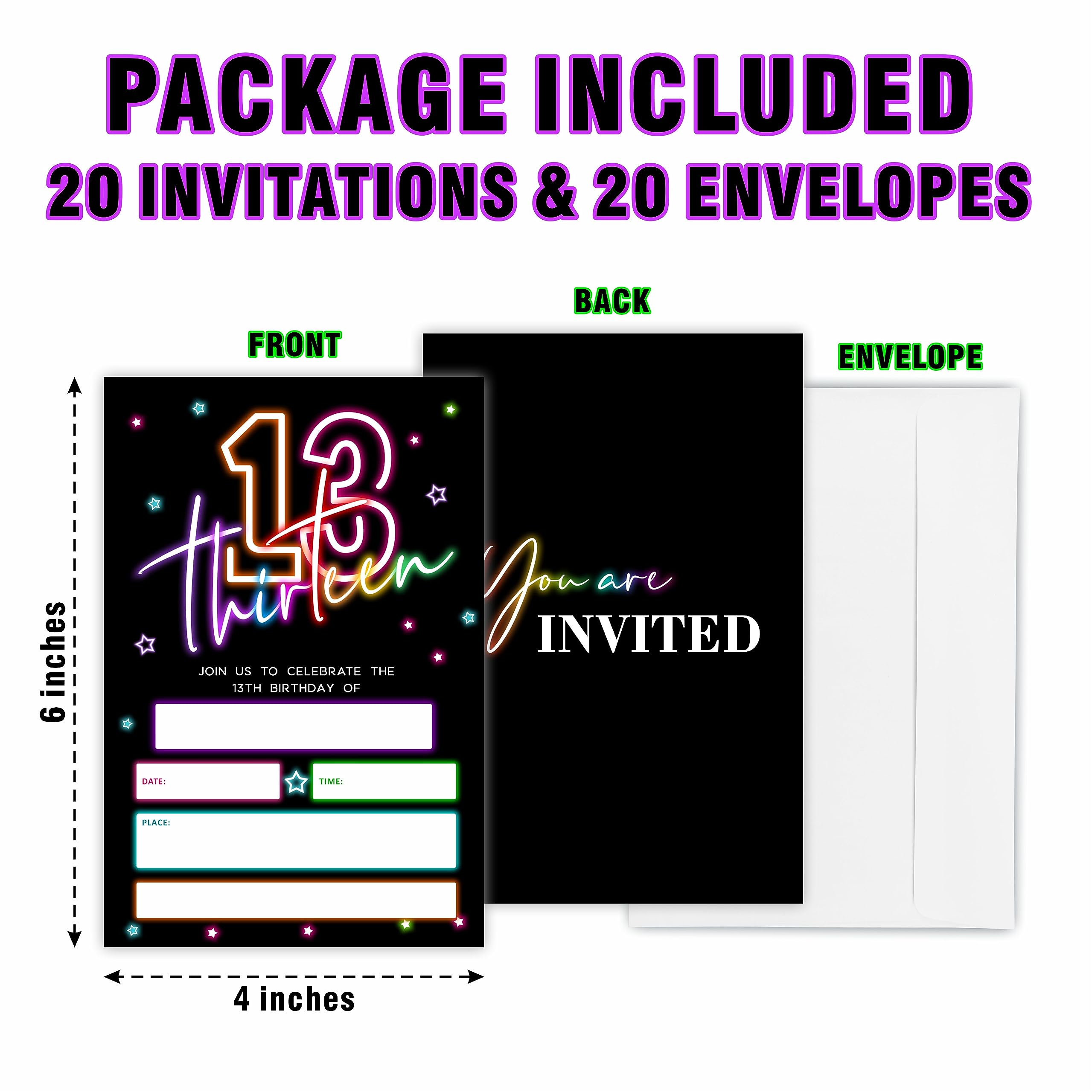 JCVUK 13th Glow Birthday Invitations - Retro Colorful Neon Thirteen - 20Pcs Double-Sided Fill- In Invitation Cards & Envelopes For Boys, Girls, Kids, Birthday Party Favor & Supplies-D04