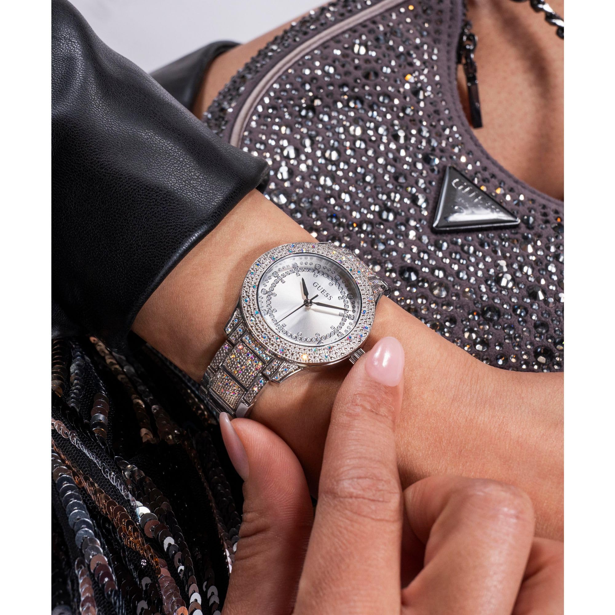 Guess Damen-Uhr Shooting Star Silber 36mm mit Zirkonia & Edelstahlarmband & 1 bar Wasserschutz – GW0746L1