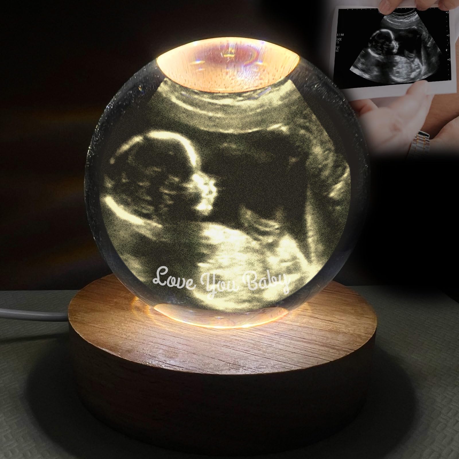 Gift for Mom with Ultrasound Photo, Personalized Crystal Ball with LED Base, Custom Photo Crystal Ball Night Light, Engraved Picture & Text of Yours,Baby Shower Gifts
