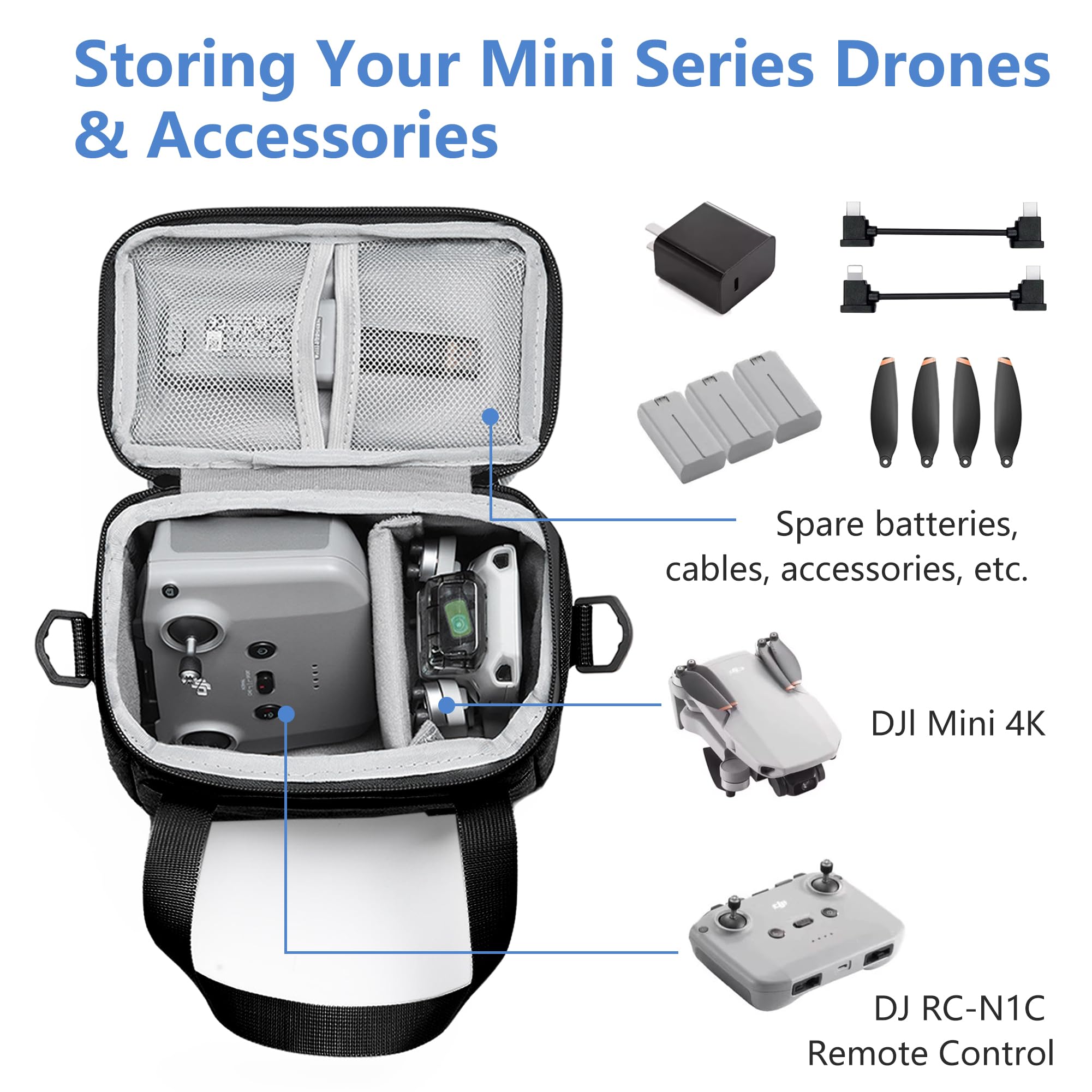 Sacoche de Transport pour Drone DJI Mini 4K/2 SE - Étui Imperméable Oxford avec Compartiment Accessoires & Télécommandes, Sangle Réglable et Poignée (Noir)