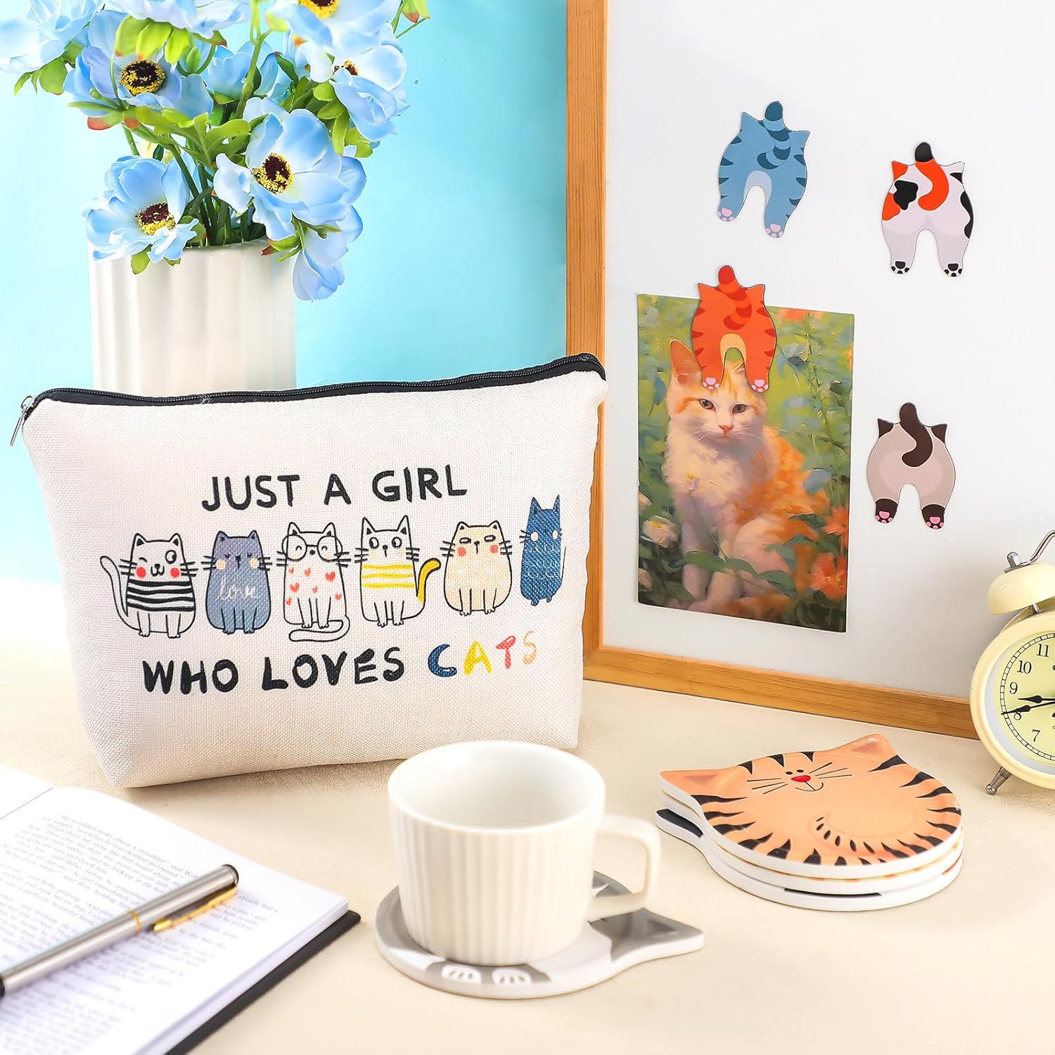 Hushee 9 Pcs Cat Lover Gift for Women, Cat Mom Gifts, Just a Girl Who Loves Cats, Kitten Pattern Makeup Bag, 4 Novelty Refrigerator Magnet, 4 Ceramic Drink Coaster for Pet Lovers Birthday Mother's Day - Image 6