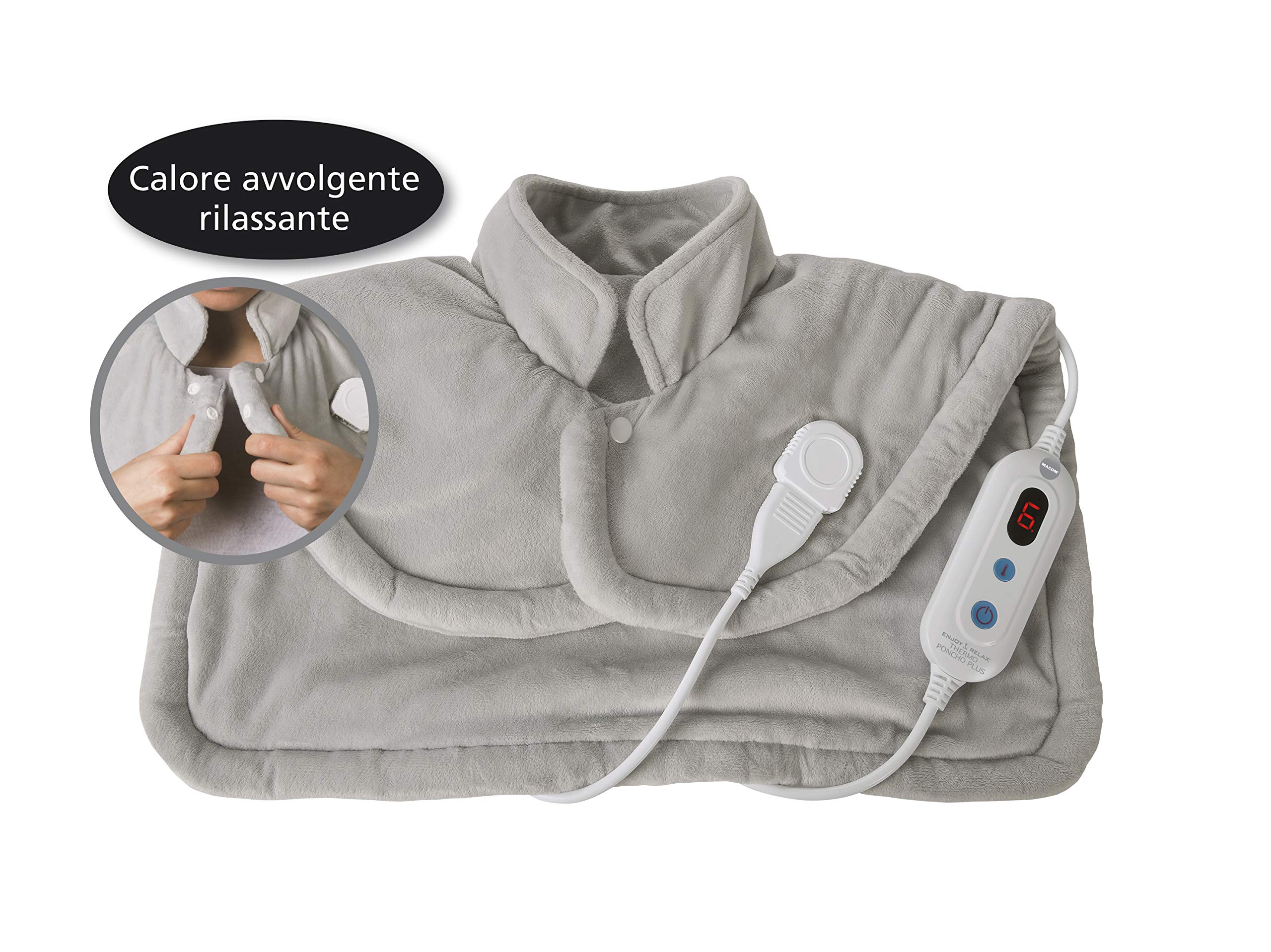 MACOM Termoforo Cervicale – Riscaldamento Ultrarapido con 6 Temperature, Tessuto Morbidissimo – Enjoy & Relax 935 Thermo Poncho Plus