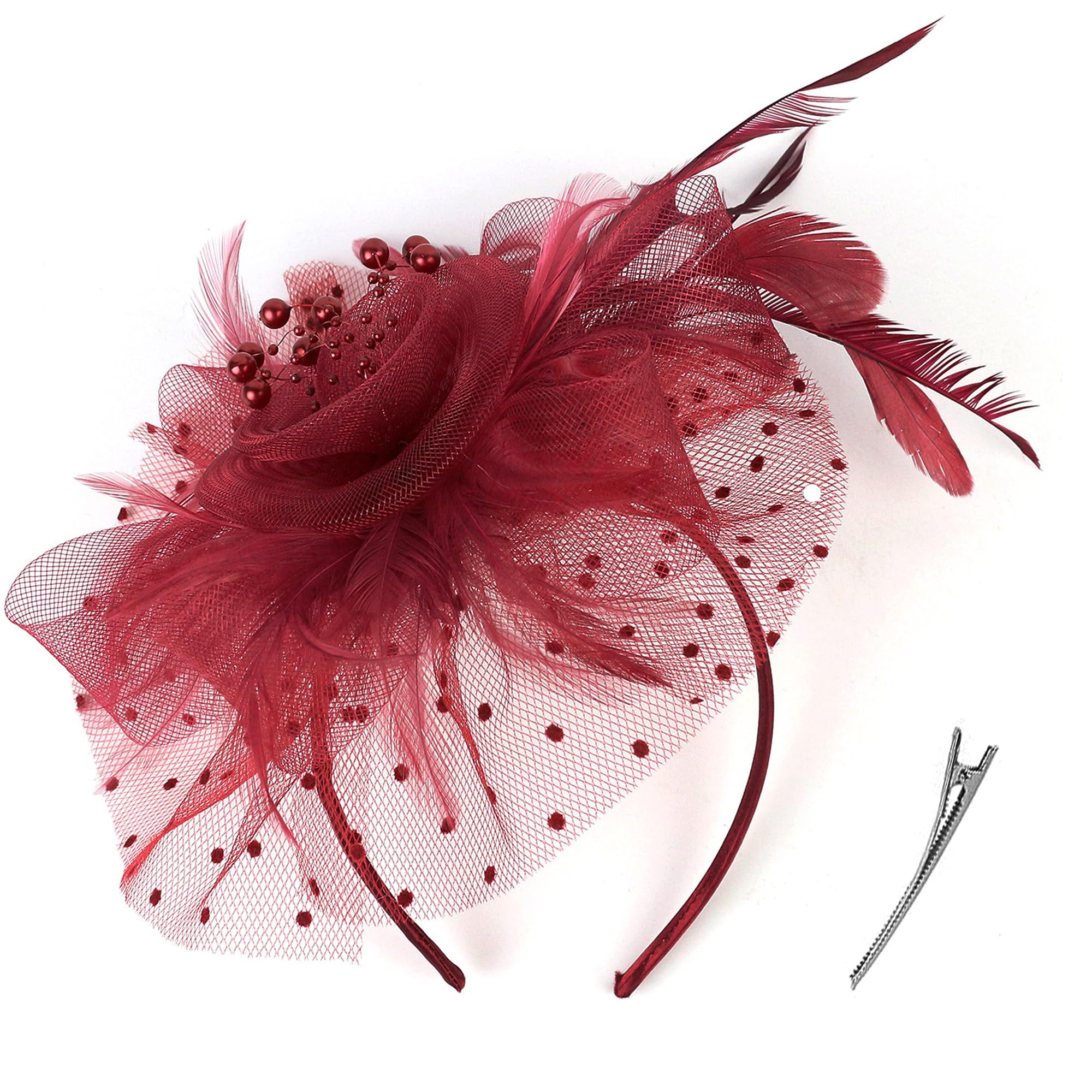 KalluliCC DeepRed Fascinators Hat for Women Tea Party Derby Hats for Women,Fascinators for Tea Party Wedding Flower Cocktail Mesh Feathers