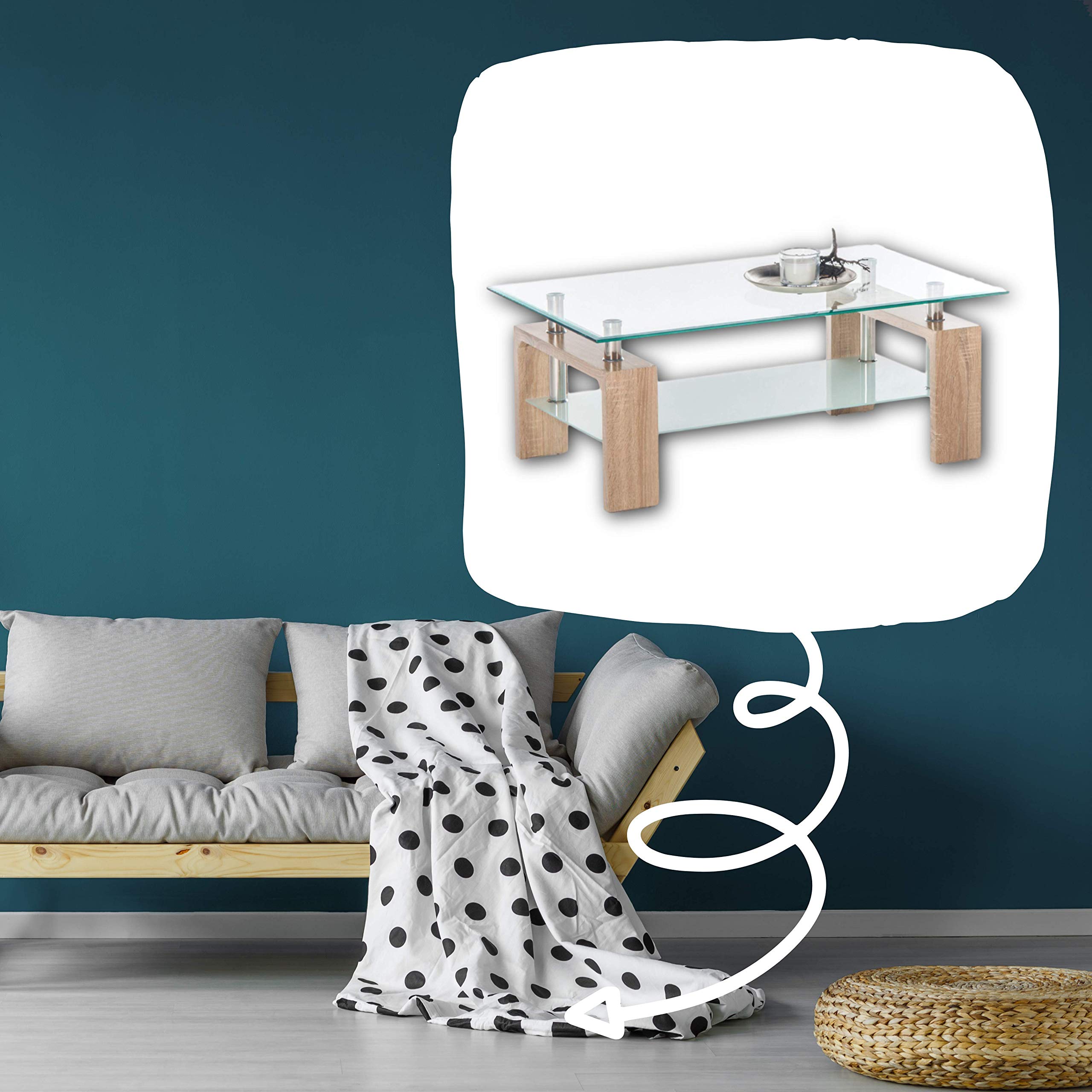 MANGO II Couchtisch Glastisch, Eiche Sonoma Optik, 100 x 46 x 60 cm (B/H/T) | Klarglas-Tischplatte, satinierter Glasablageboden, Gestell in Eiche Sonoma Optik, Edelstahl-Rohre, Stauraum für Wohnzimmer