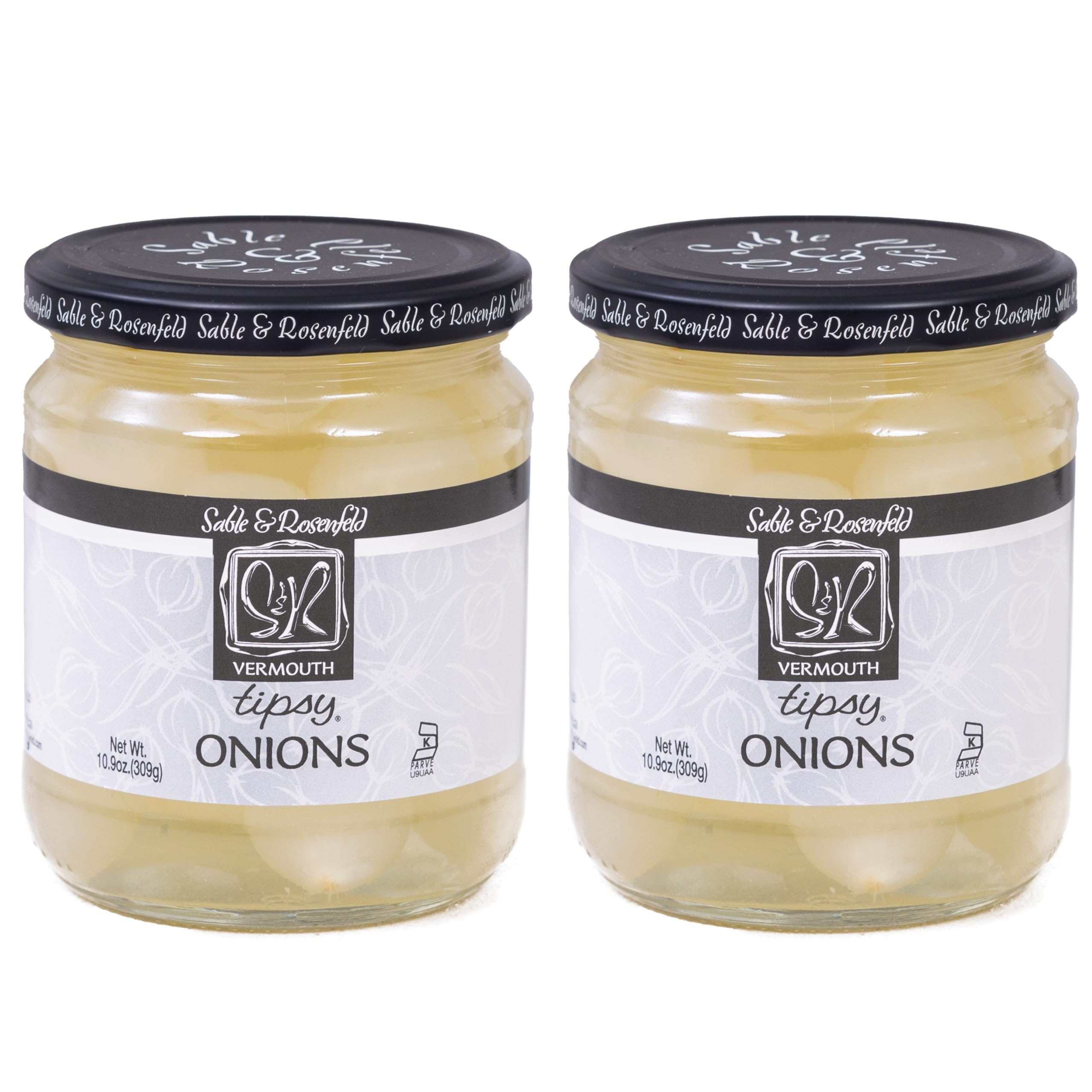 Sable & Rosenfeld Vermouth Tipsy Onions, 10.9 oz (Pack of 2), Gourmet Pickled Silverskin Cocktail Onions in Jar, Kosher, Gluten-Free Martini Garnish
