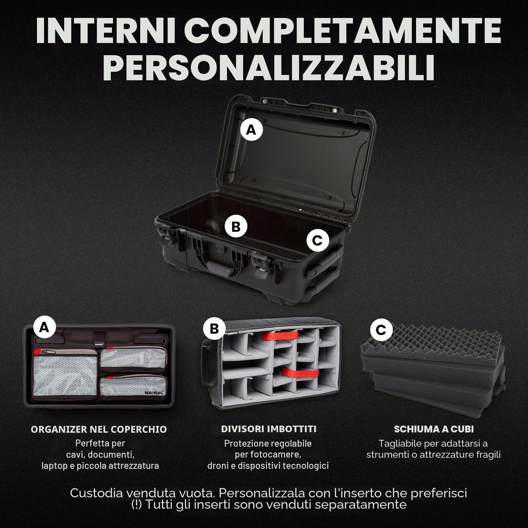 NANUK 935 - Valigia rigida impermeabile per fotocamera (vuota), 56 x 36 x 23 cm - Antipolvere e resistente agli urti, bagaglio a mano - Nero