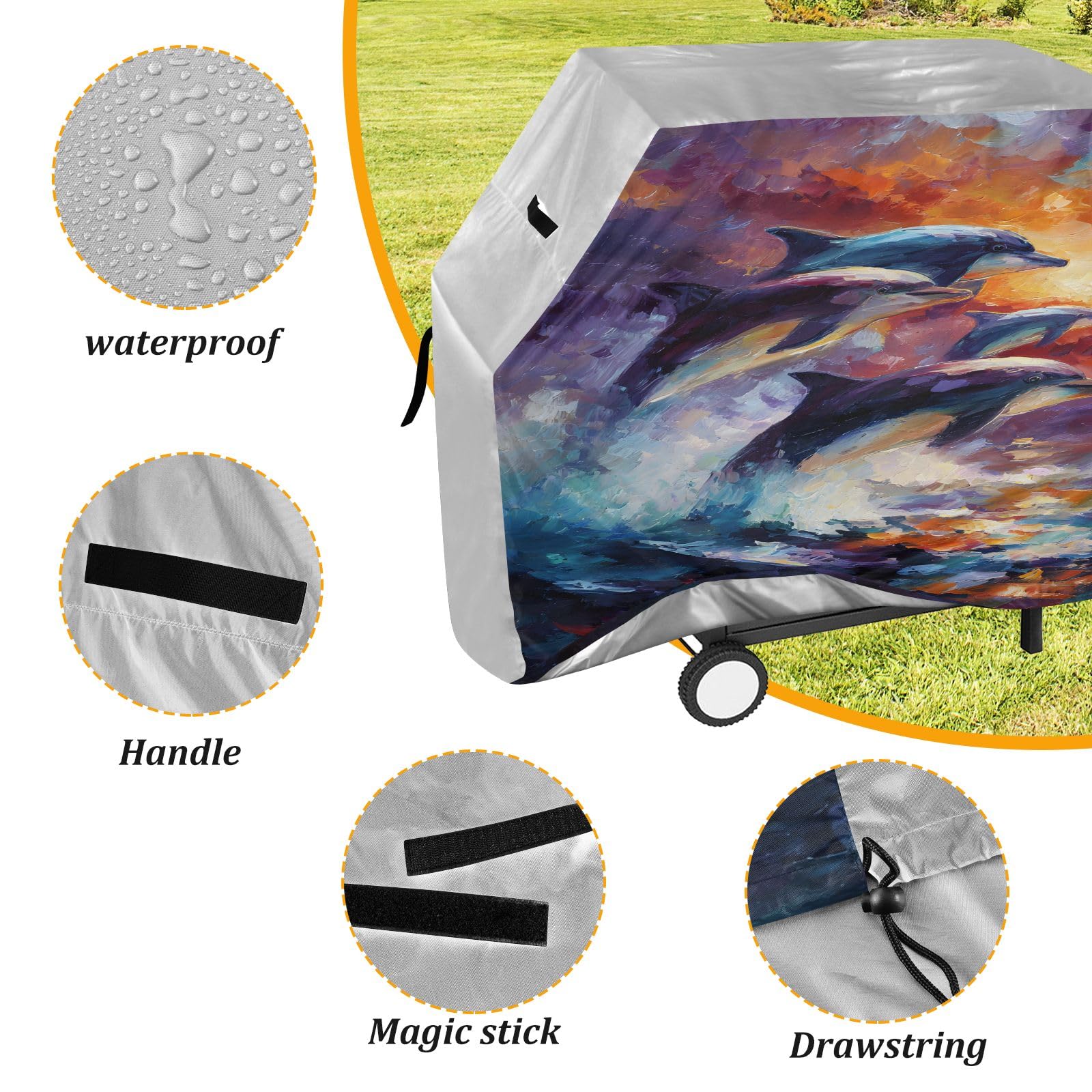 Copertura per barbecue di alta qualità, impermeabile, resistente allo sbiadimento, resistente, adatta per griglie fino a 63 cm, pittura a olio, delfini, tramonto