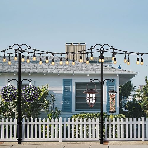 Miniatura 4 de Paquete de 2 postes de luz de 110 pulgadas de altura ajustable con ganchos para colgar luces de cadena, jardín, patio, soporte de iluminación de