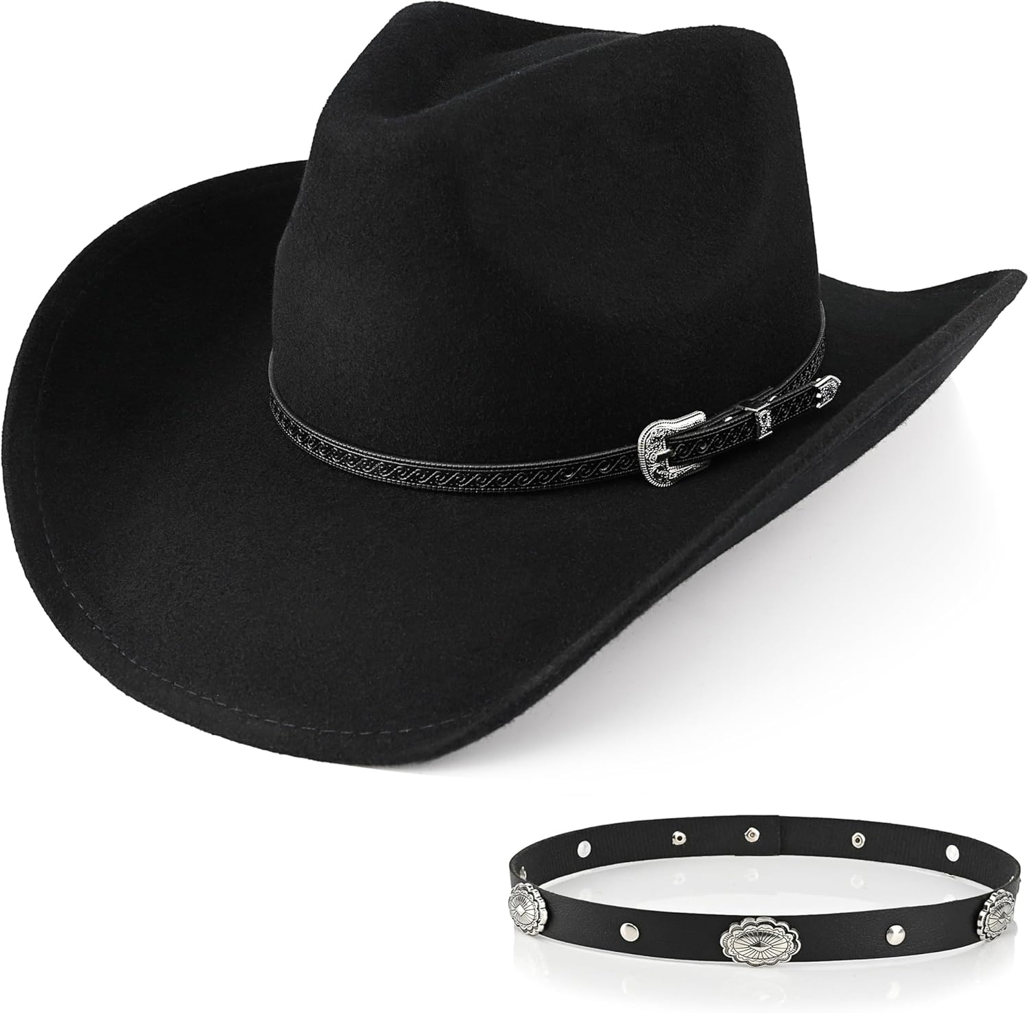 100% Wool Western Cowboy Hat Classic Black Cowboy Hat for Women Men Cowgirl Hat Fedora Hat Felt with Two Decorative Bands