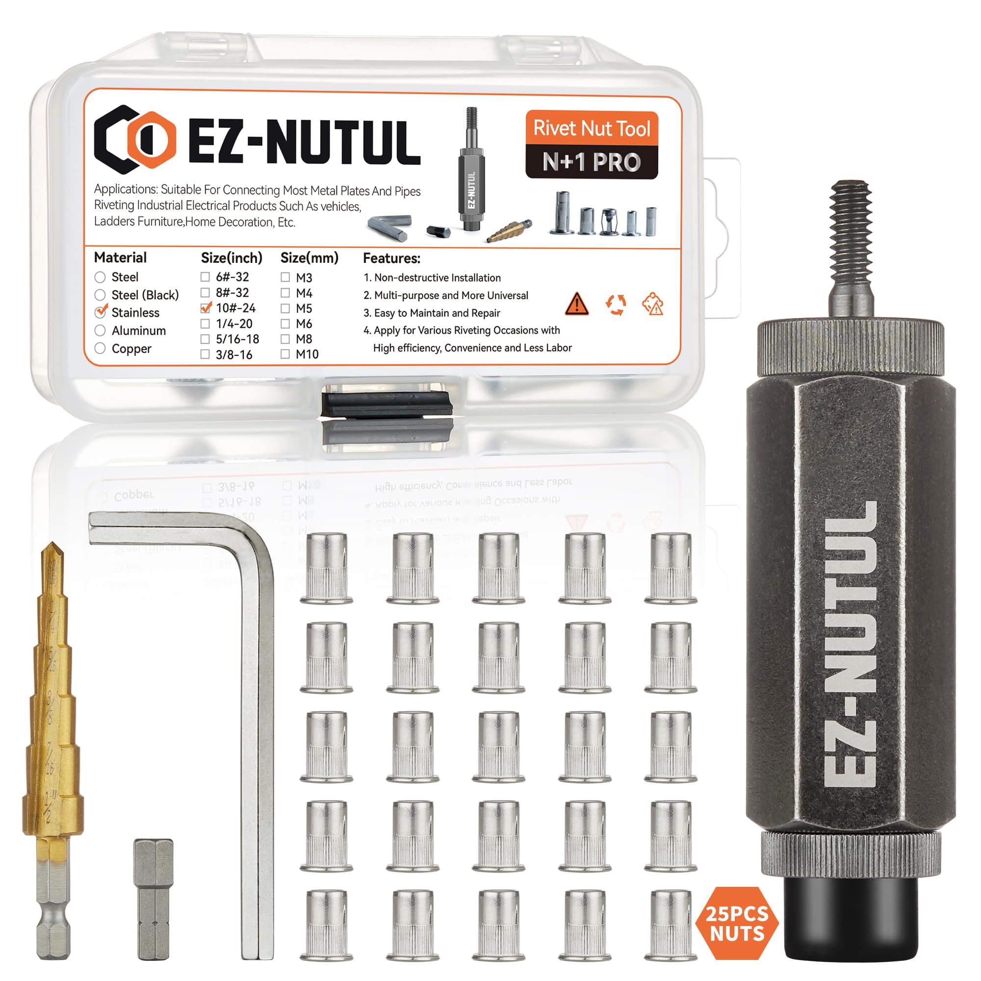 Rivet Nut Installation Tool Set Flat Head Rivnut Threaded Insert Nut Kit SAE & Metric for Metal Heavy Duty Zinc Plated Nutsert (10-24(Rivet Nut Tool-