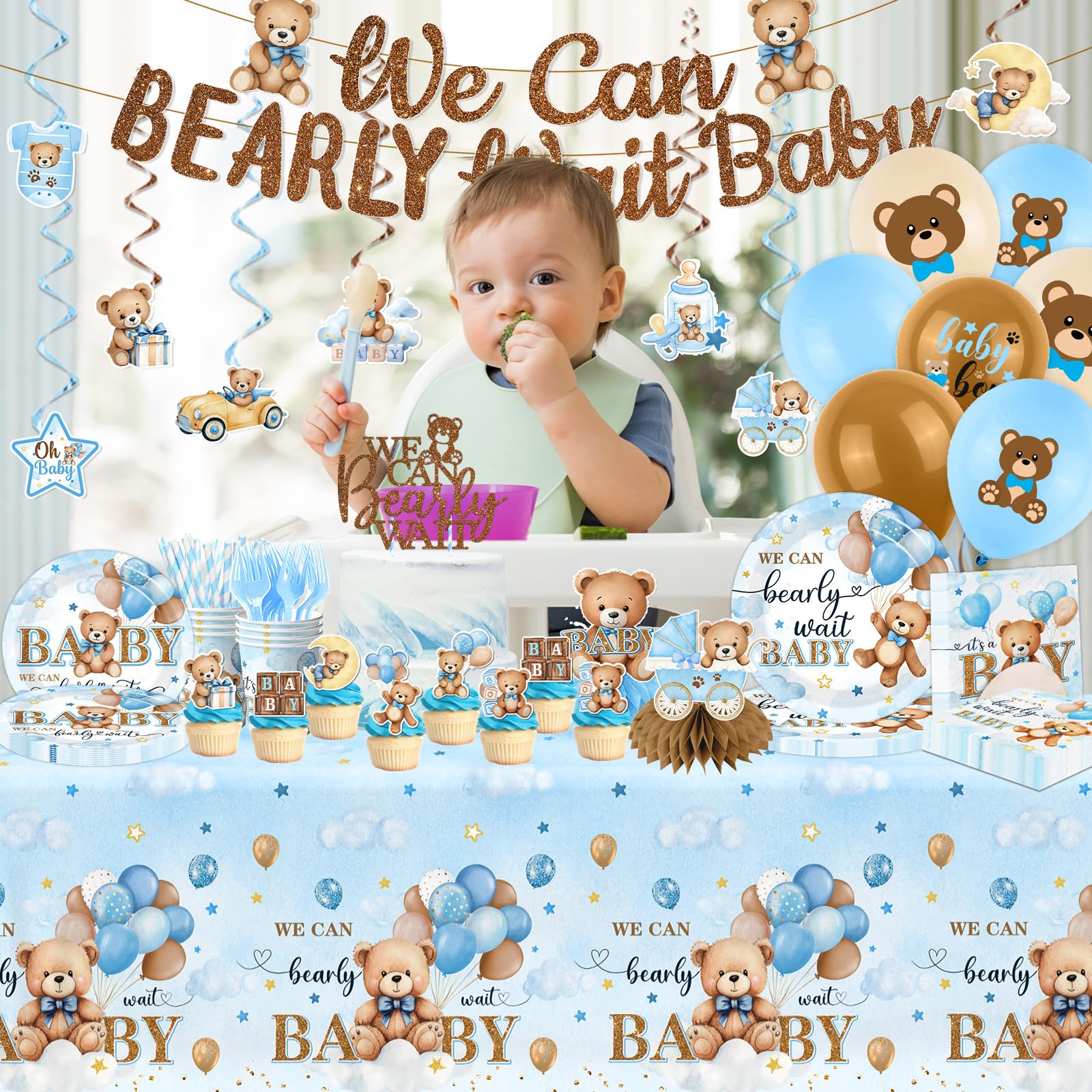 Blue Bear Baby Shower Decorations,219Pcs Baby Shower Tableware Set Banner, Plates and Napkins, Tablecloth, Cake Toppers, Honeycomb Balls for Boy Neutral Bear Themed Party Decorations Severs 24