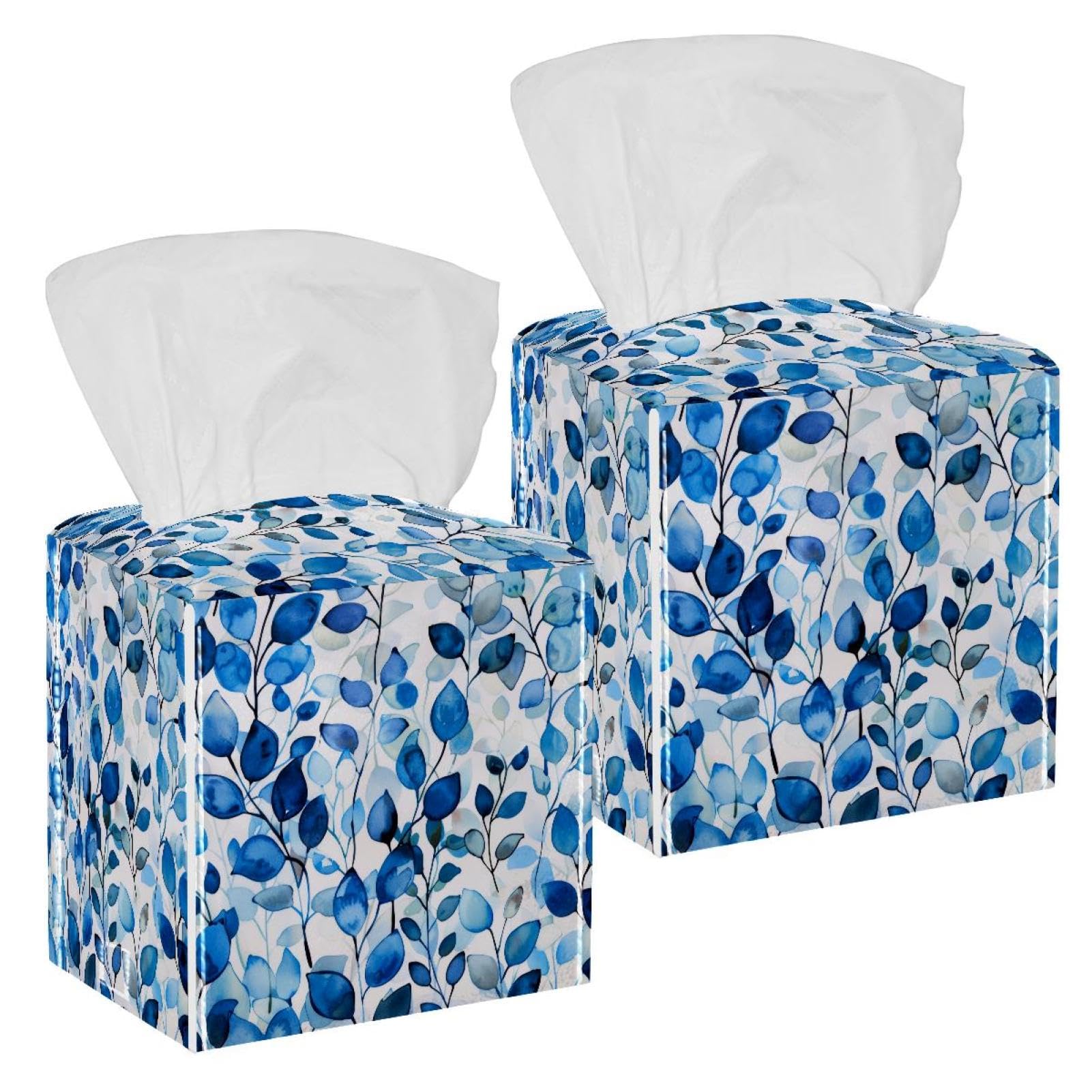 Watercolor Leaves Tissue Box Cover, 2 Pack PU Leather Square Facial Tissue Dispenser Box holder for Home Office Car