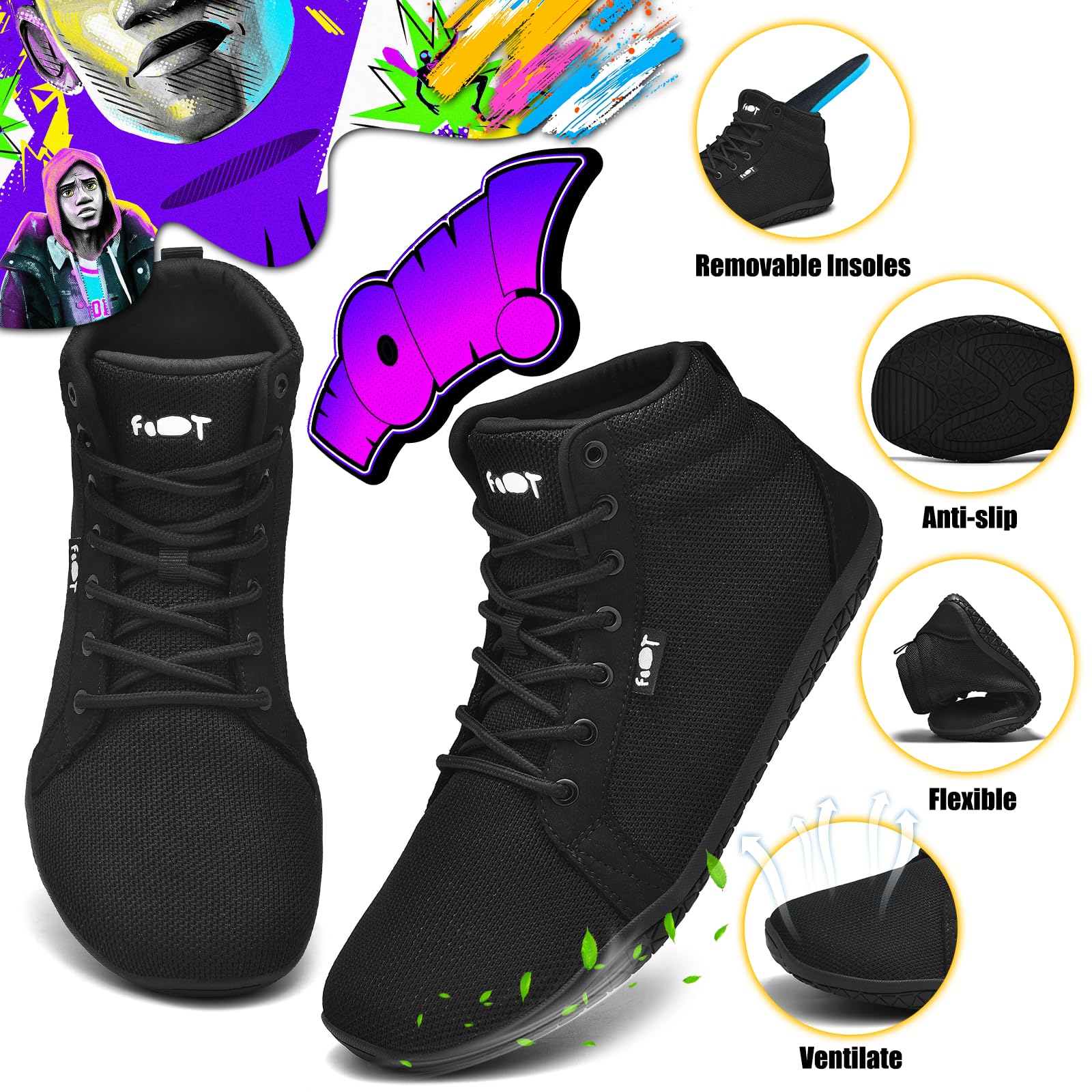 Wizshoe Barefoot Damski Męski Wysokie Tenisówki Buty Minimalistyczny | Lekkie szerokie buty spacerowe z rozdzielonymi palcami podeszwa zero drop uniseksowe antypoślizgowe do treningów
