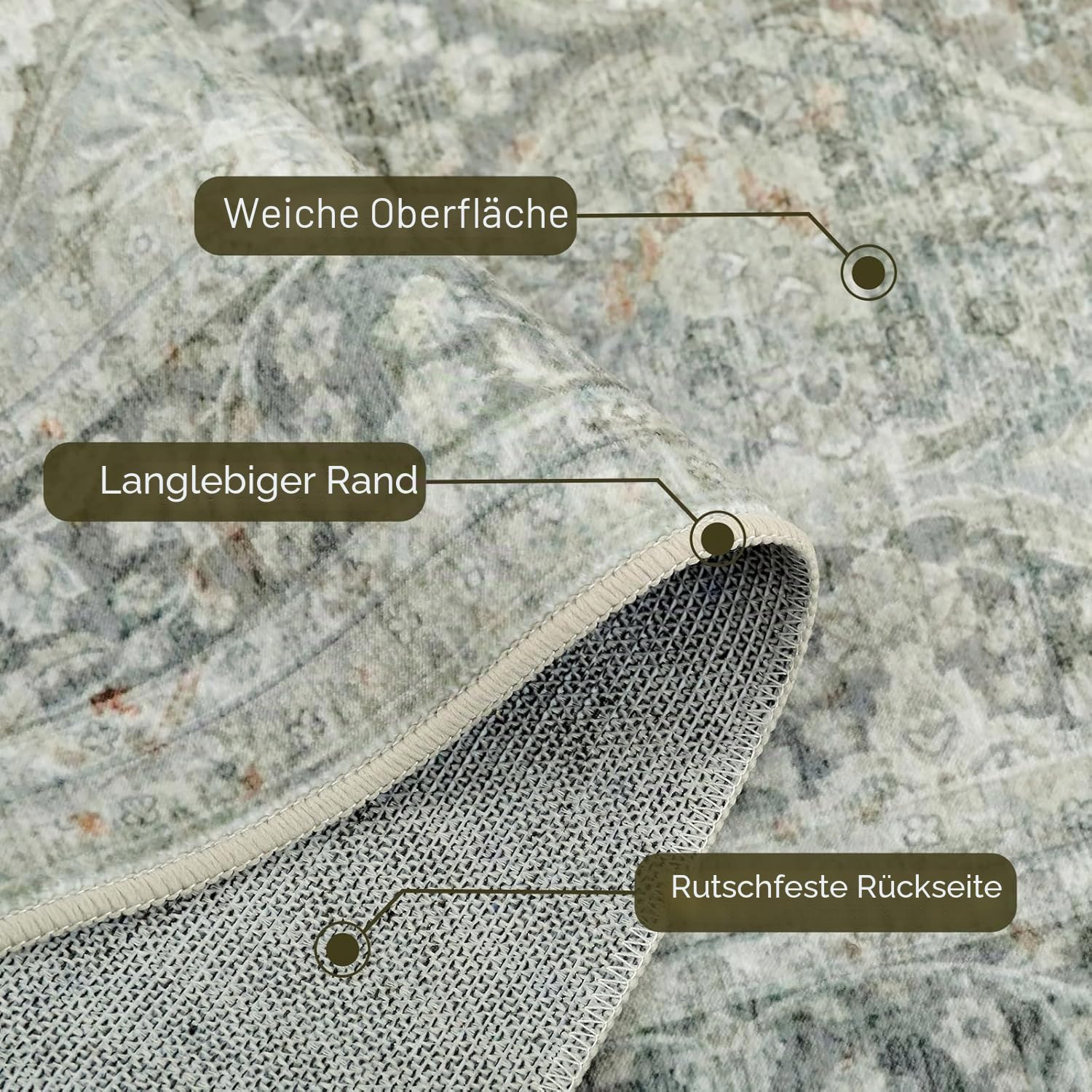 Wohnzimmerteppich, waschbarer Teppich, großer Teppich, 200 x 300 cm, Grün, Vintage-Teppiche