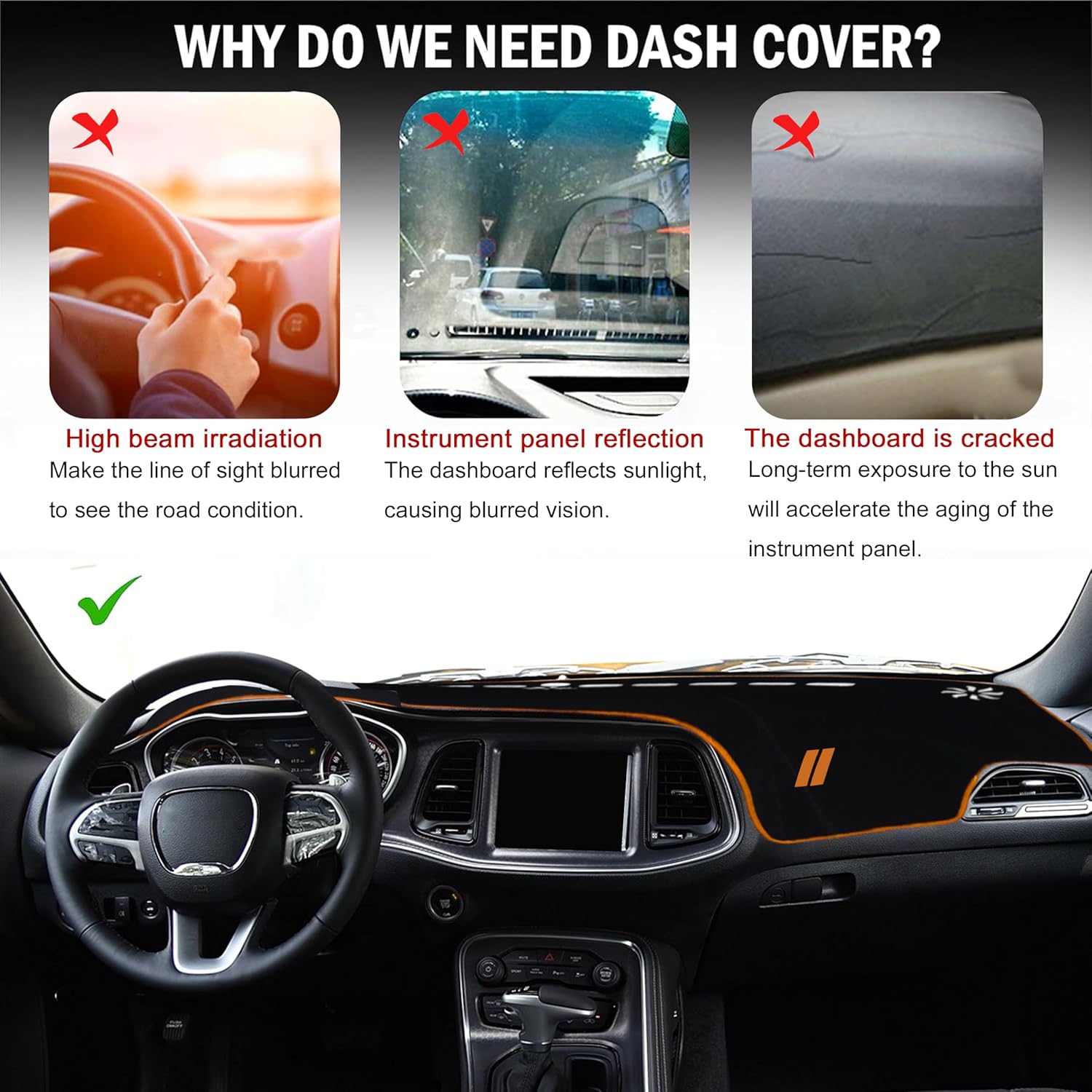 YOSRTER Dashboard Cover for Dodge Challenger Accessories 2015-2022 2023 2024 Non-Slip Dash Mat Blocker UV Rays Sunshade Dash Cover Protector for Dodge Challenger Accessories(Orange Edge Orange Trim