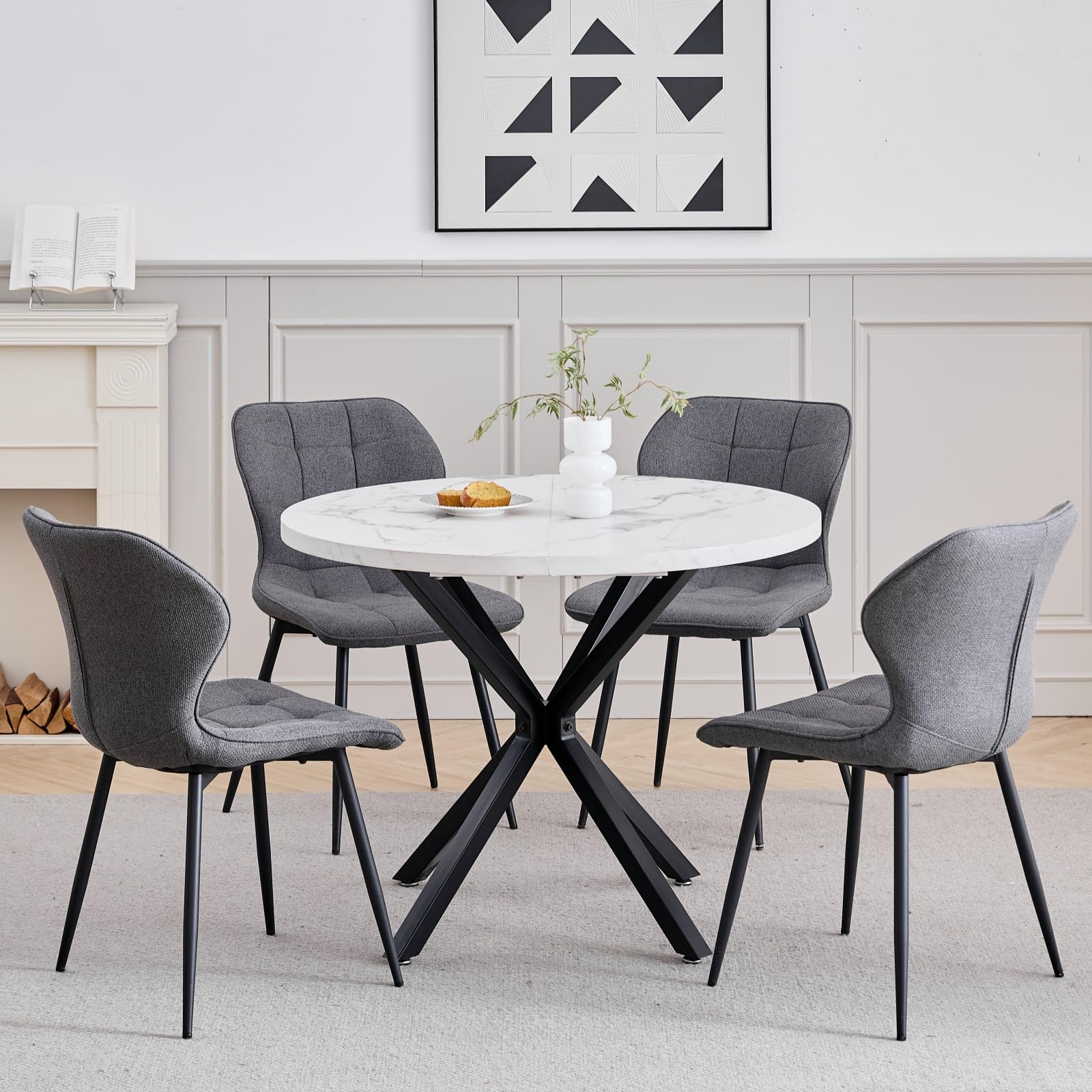 GrandCA HOME Juego de Mesa y Sillas de Comedor, 4 Sillas de Lino Color Gris Oscuro y una Mesa de Comedor Redonda Moderna de 100 cm, Ideal para Cocina, Salón y Cafetería (Diseño de Mármol Blanco 1)