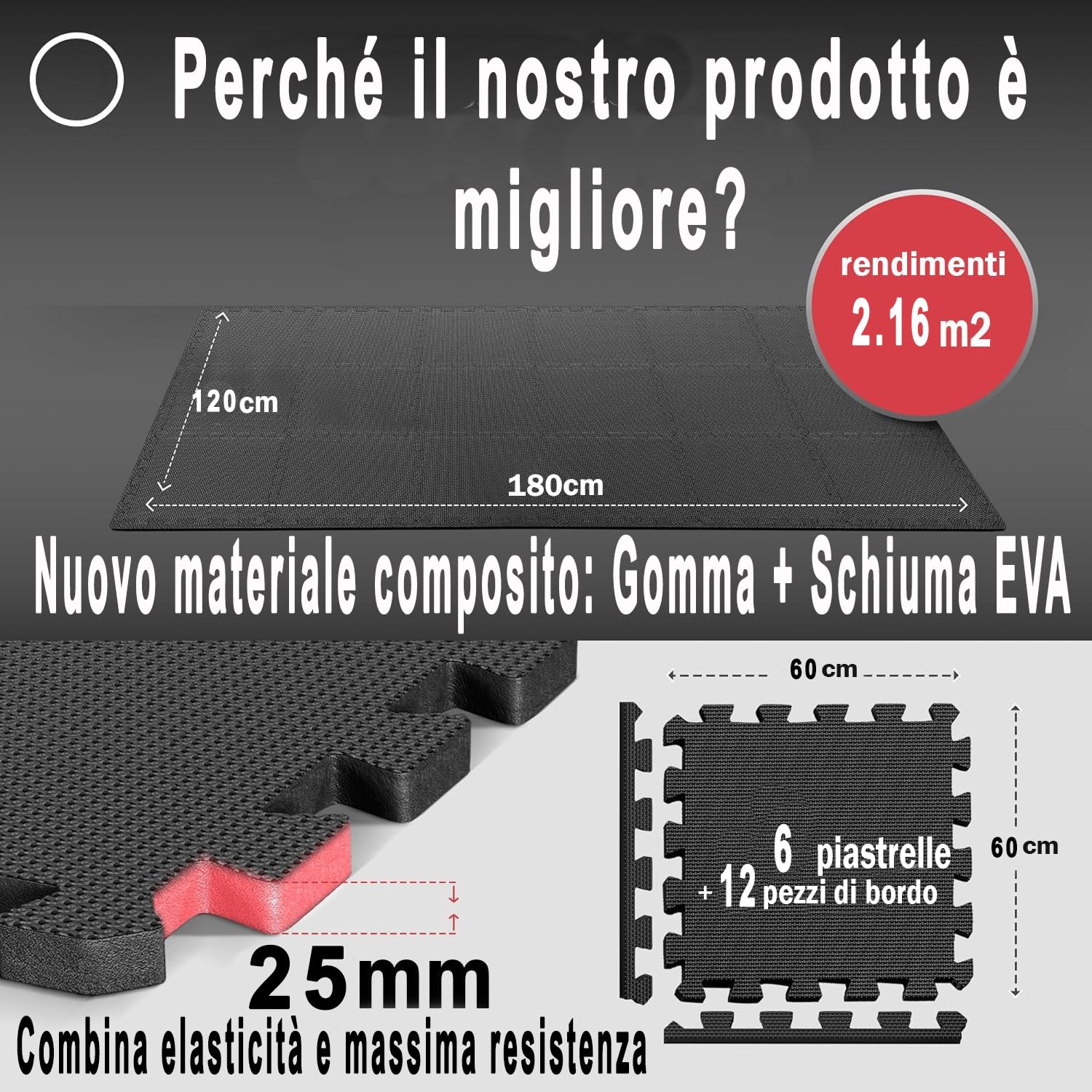 Tappeto per esercizi puzzle extra spesso 2.5cm piastrelle ad incastro pavimenti protettivi l'allenamento attrezzature palestra Set 6pcs 60x60cm tatami profesional gimnasia artes marciales
